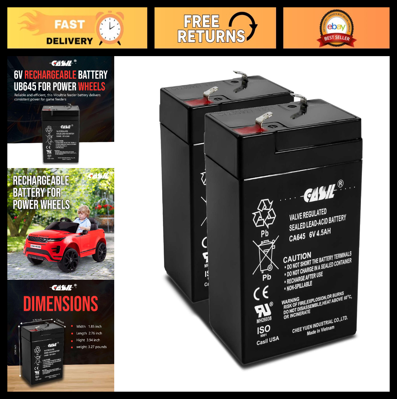 6V Rechargeable Battery 4.5Ah for Power Wheels, Emergency Lights, Ride-On Toys