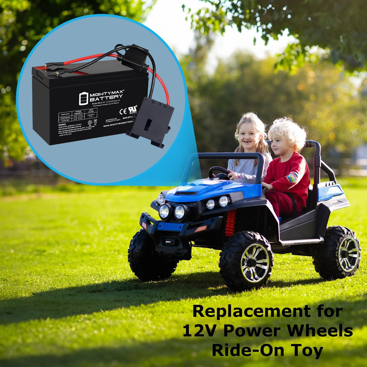Drop in Replacement for 12V Power Wheels Ride on Toy 9Ah Battery Kit and Harness