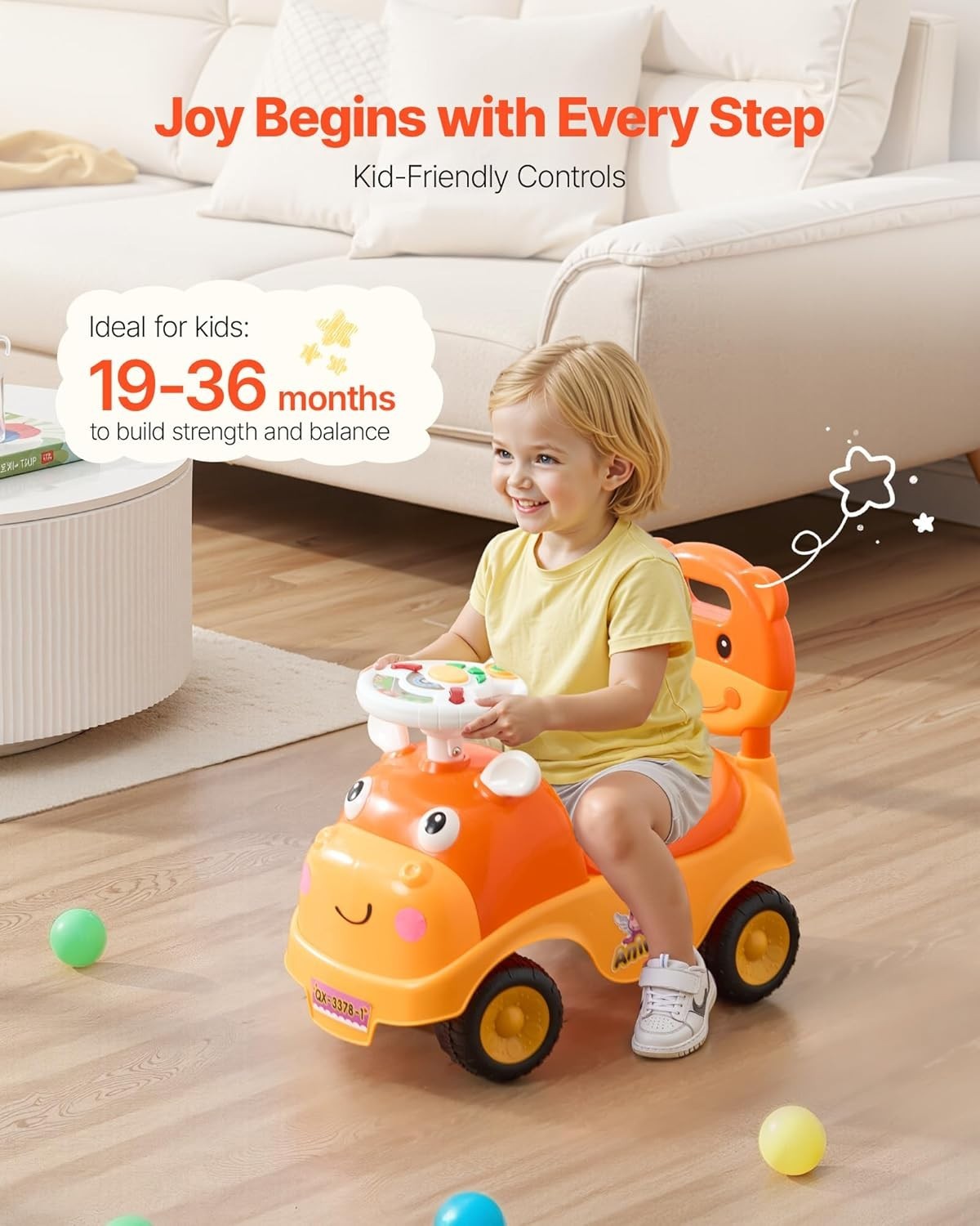 Lightweight Toddler Ride On Toy: Fun Push Car with Music for 19-36 Kids