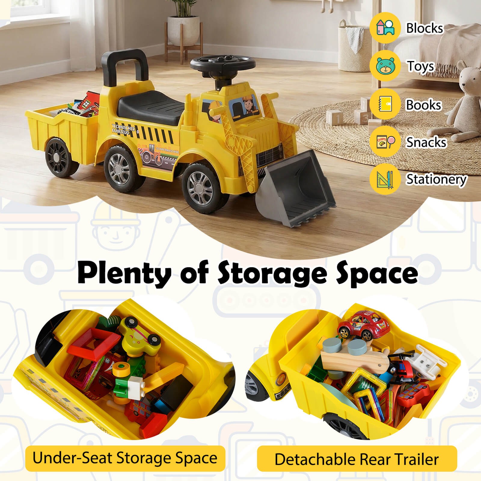 2-in-1 Ride on Excavator w/Detachable Trailer, Shovel, Horn for 18 Months+ Old