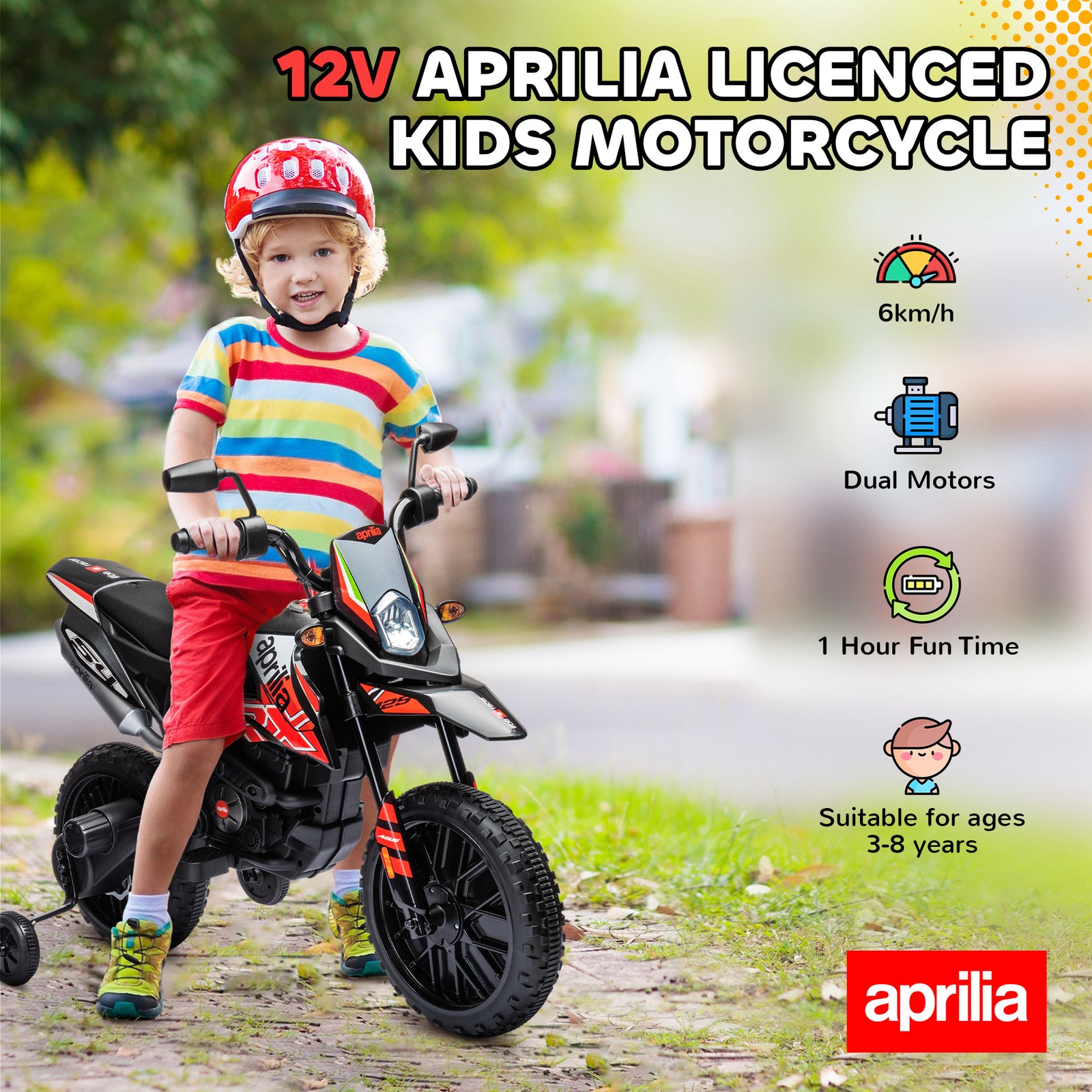 12V Aprilia Licenced Kids Motorcycle with Training Wheels, Red
