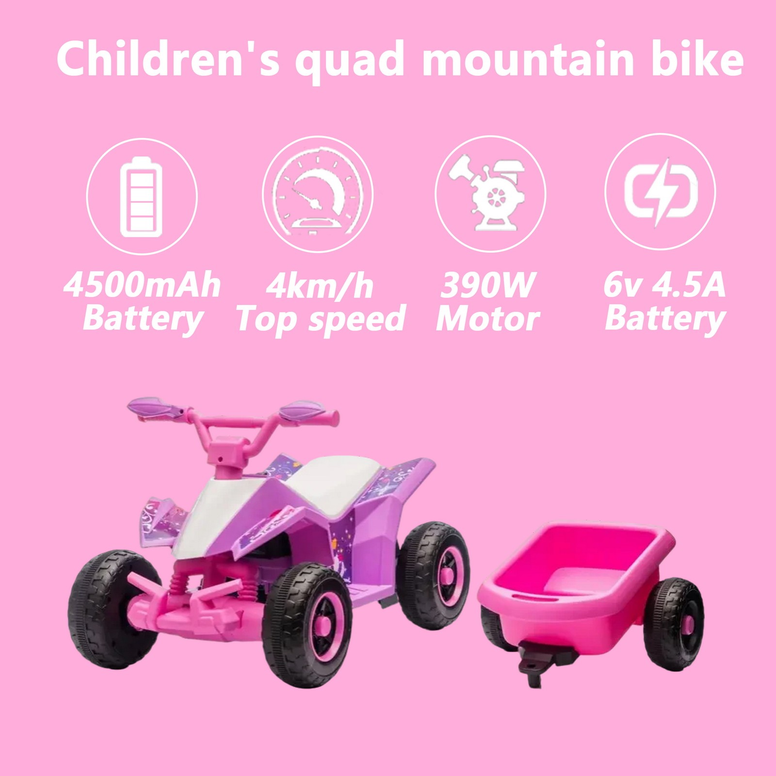 6V 4.5A Kids Ride On ATV Electric Quad Toy Car w Trailer Music LED Boy Girl Gift