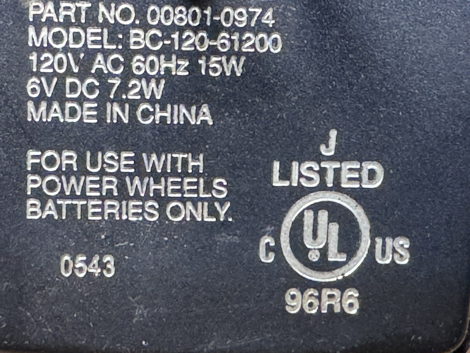 Fisher Price 00801-0974 Power Wheels BC-120-61200 Battery Charger 6V 7.2W