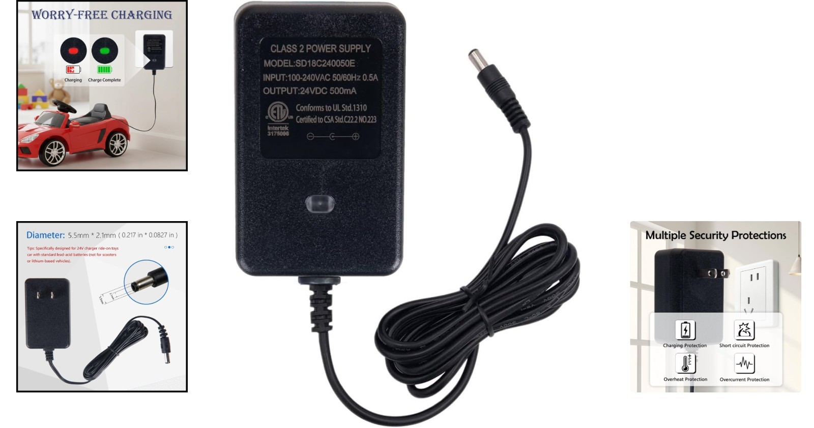 Universal 24V Charger for Kids’ Ride-On Cars with Overcharge Protection System