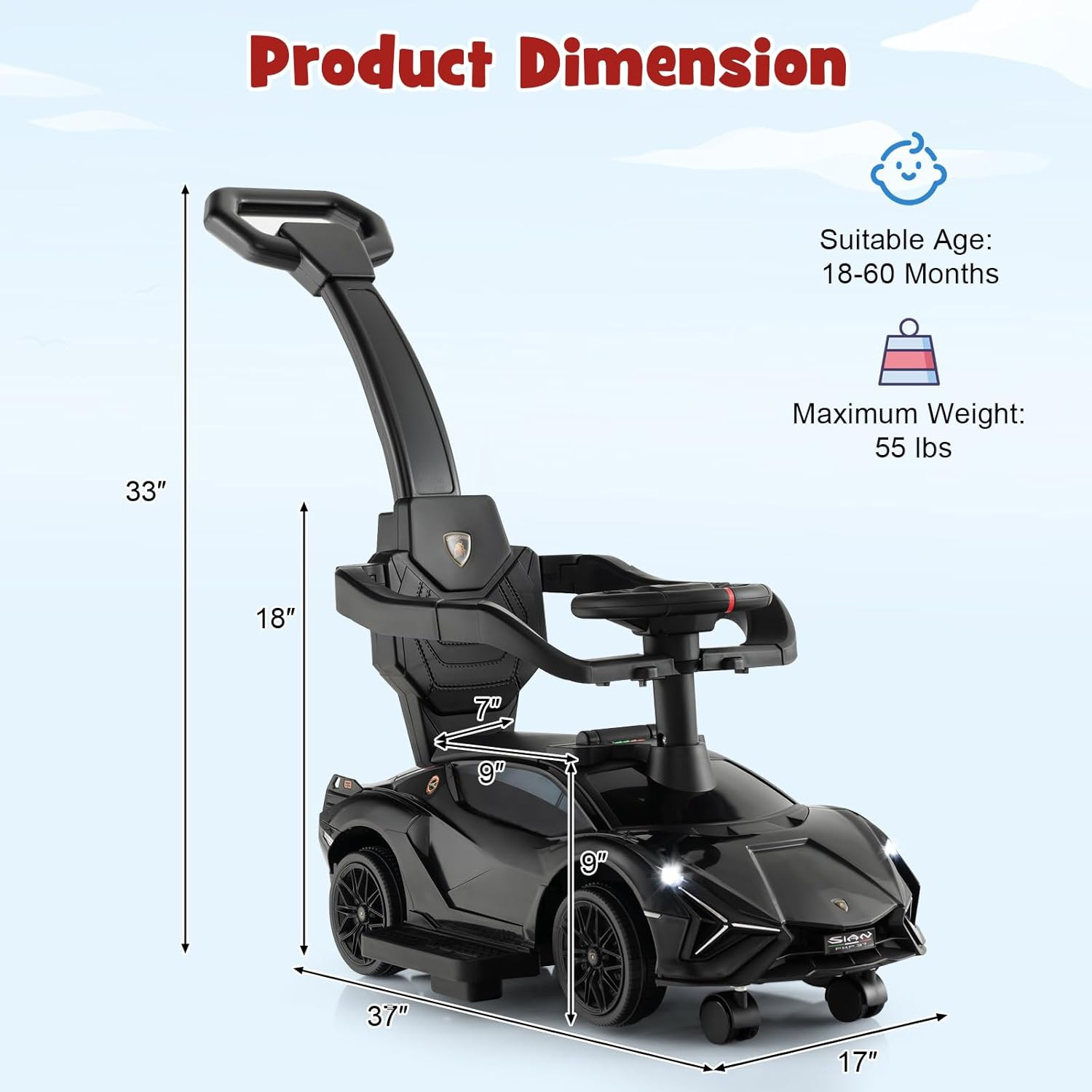 3 in 1 Ride on Push Car, Licensed Lamborghini Baby Stroller Sliding Walking Car