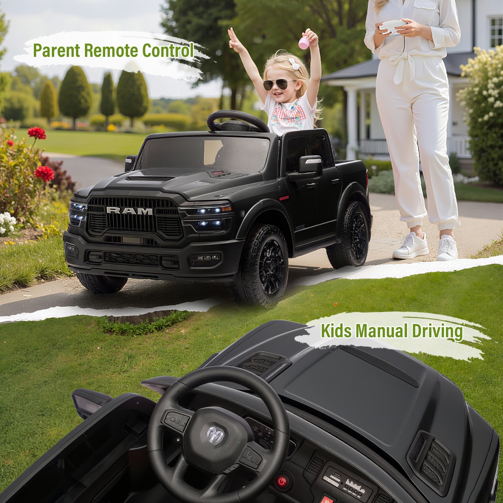24V Kids Electric Car 2 Seater Ride on Truck w/Remote,Power Wheels Toys, Black