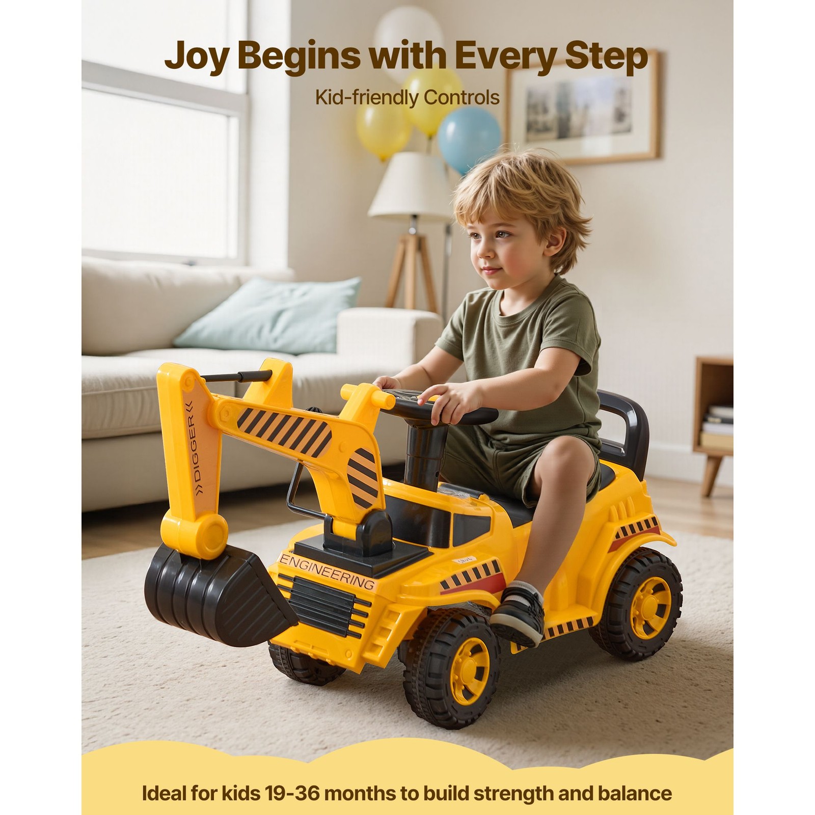 Toddler Ride On Excavator Digger Car with Helmet Music 55 lbs Capacity Yellow
