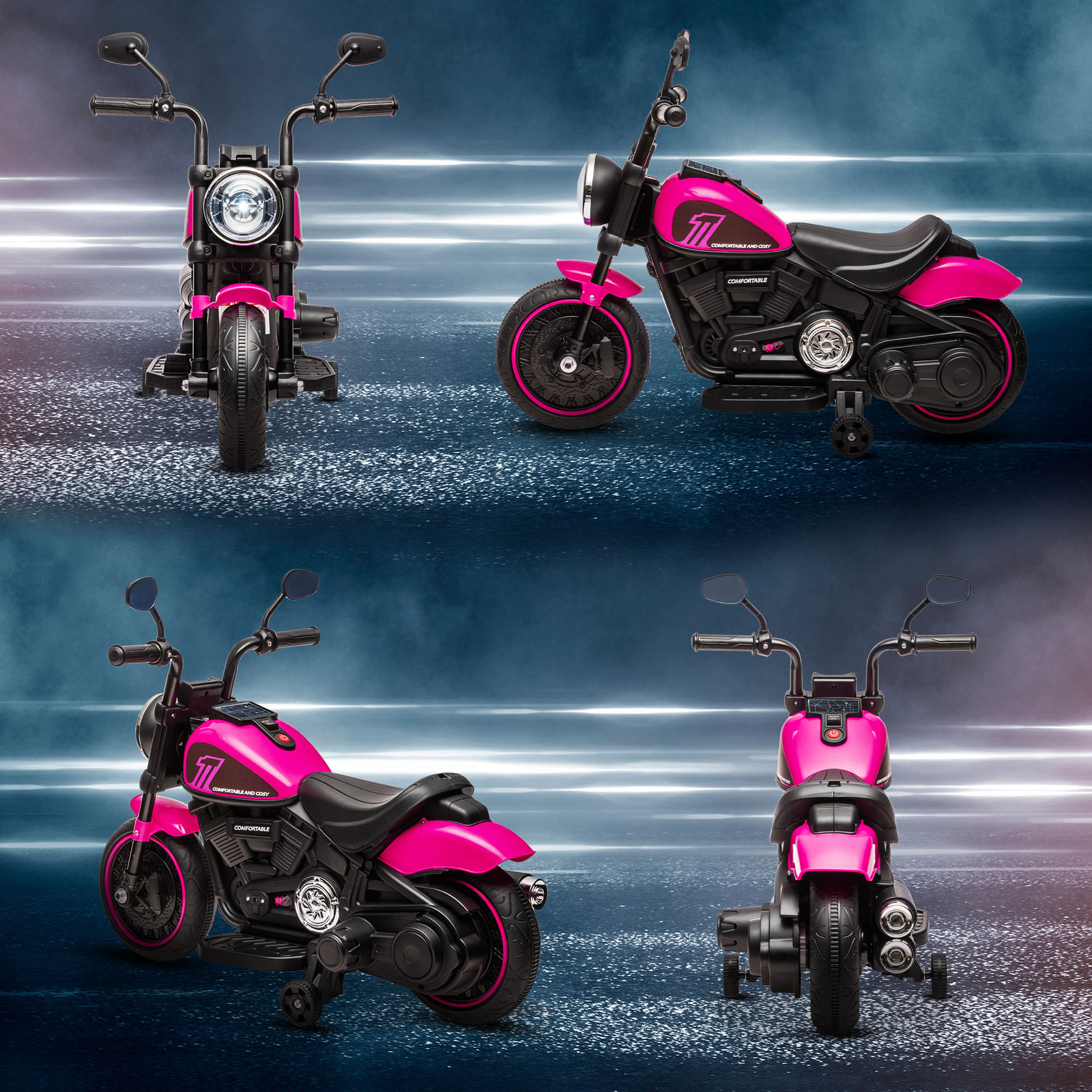 6V Kids Motorcycle w/ Training Wheels, Single-Button Start, Pink