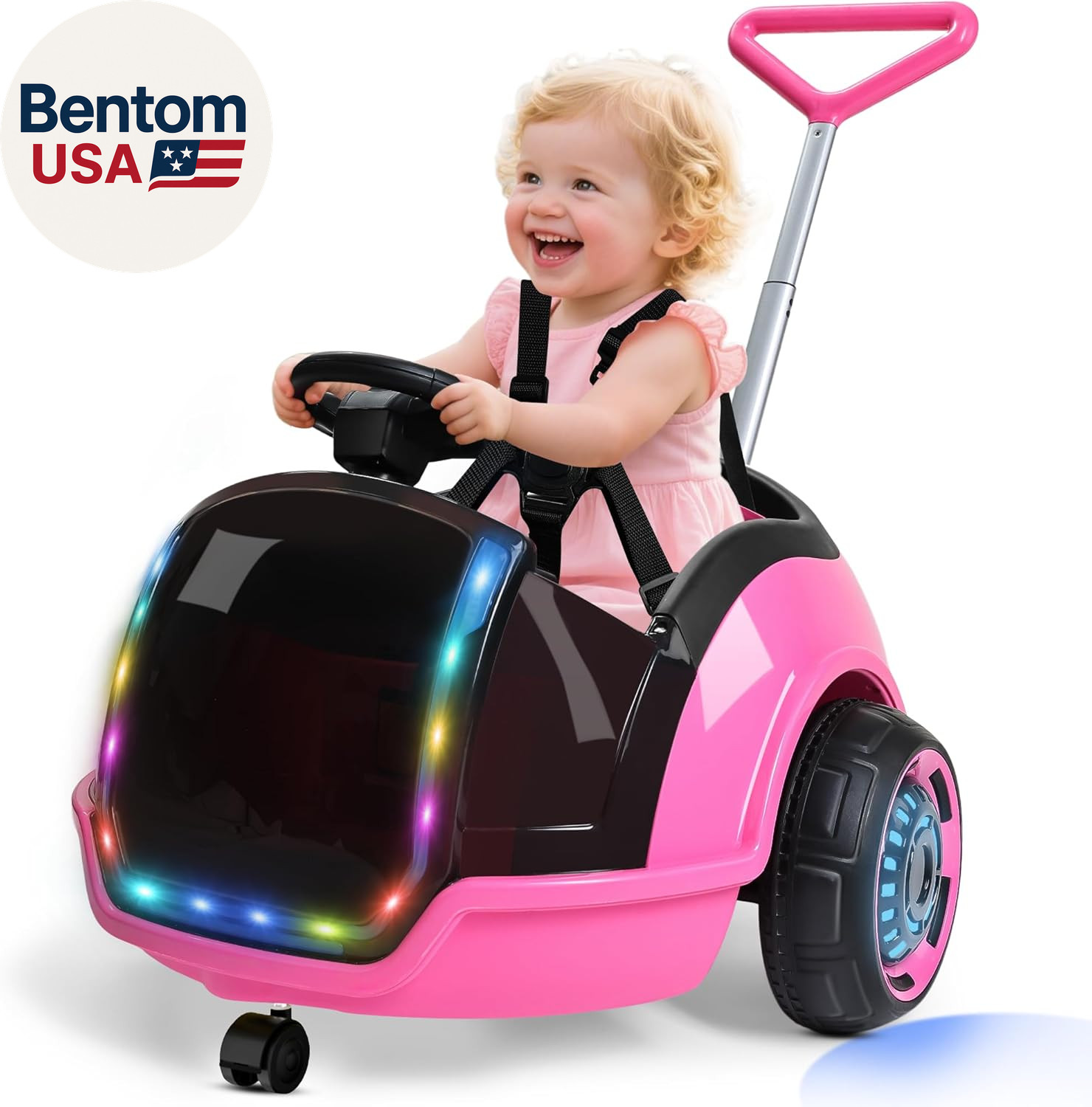 3-In-1 Electric Push Ride on Car, 12V Kids Ride on Toy W/Remote Control, 360° Sp