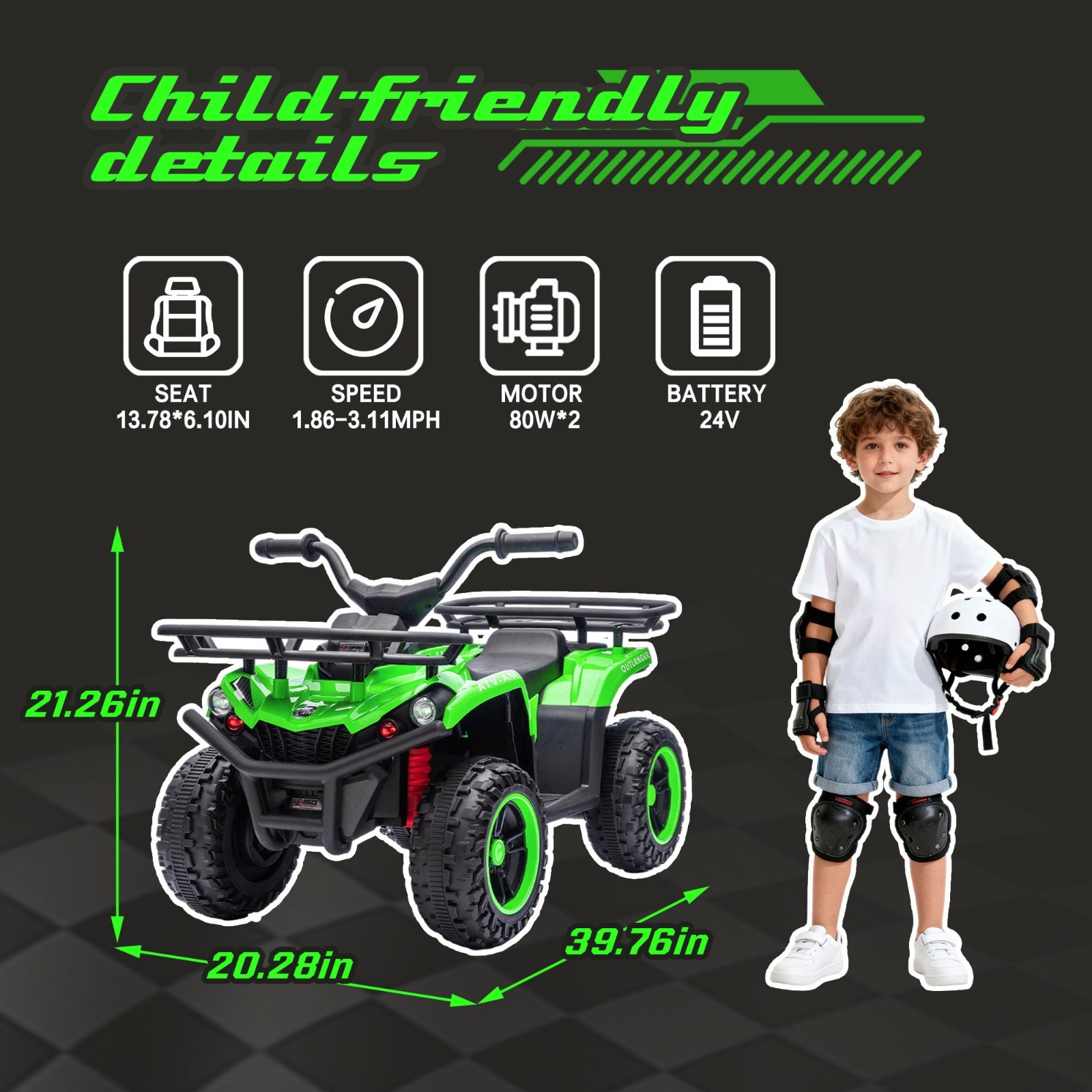24V Kids Ride On ATV, 160W Off-Road Toys w/LED, Dual Storage Racks, Green