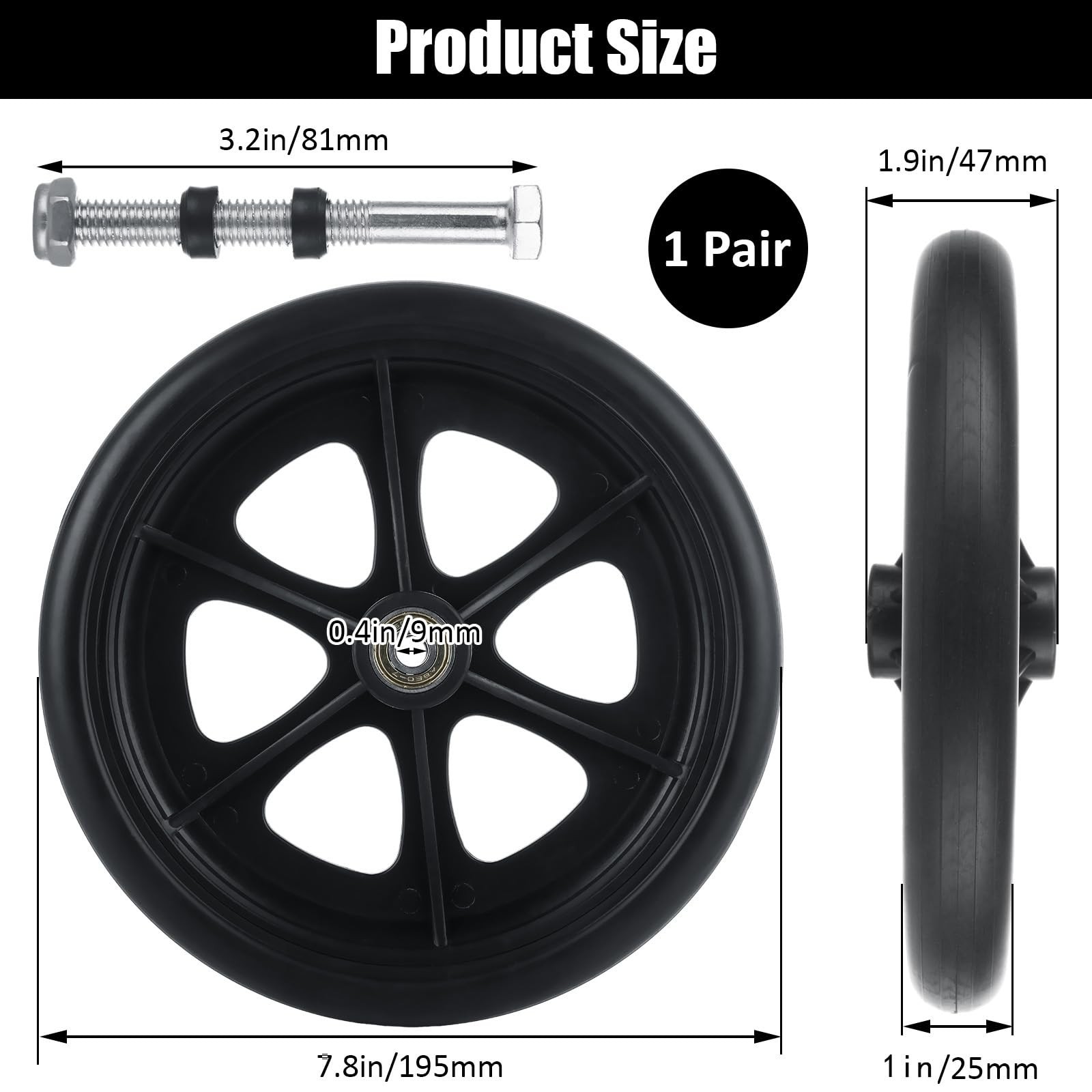 2 Pcs Walker Wheels Replacement 8 Inch Solid Wheelchair Front Wheels, Anti-Sl…