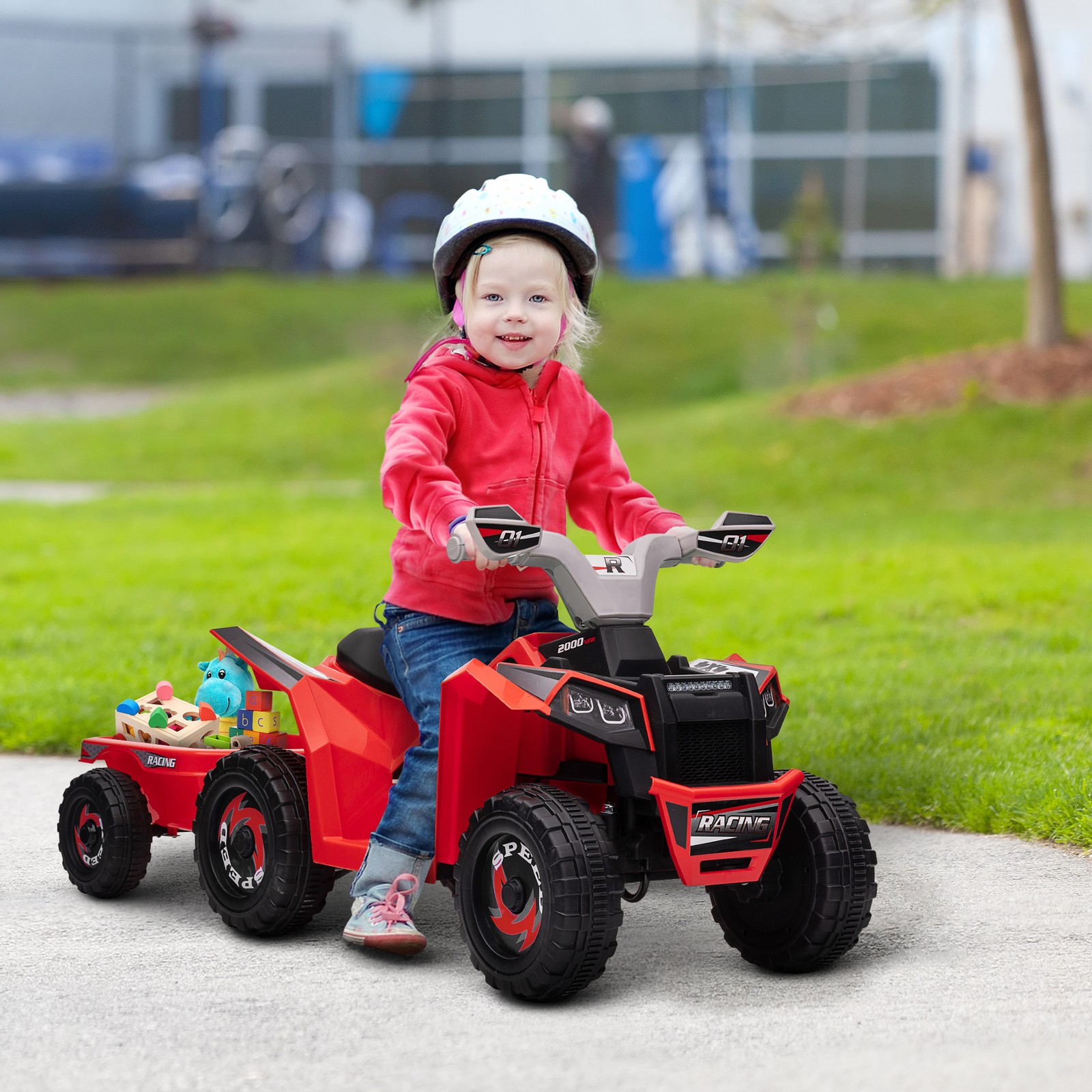 6V Kids ATV Quad Car with Back Trailer, Forward Backward Red