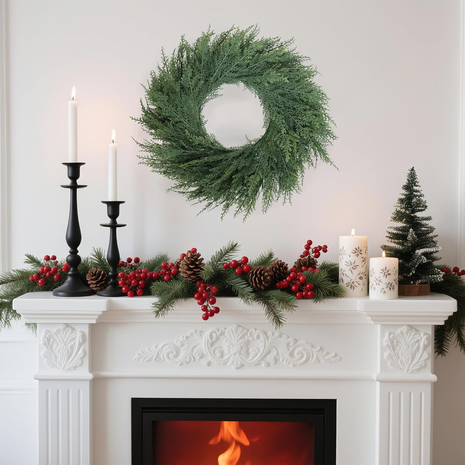 24 Inch Christmas Wreaths for Front Door Real Touch Cedar Wreath Artificial Gree