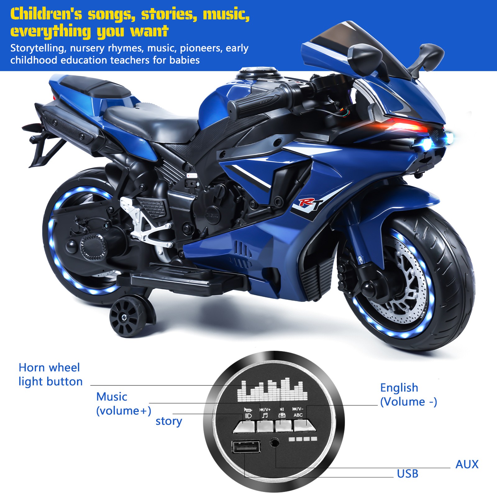 12V Electric Motorcycle for Kids 2-8 Years Dual Motors LED Lights 9mph 41.3in