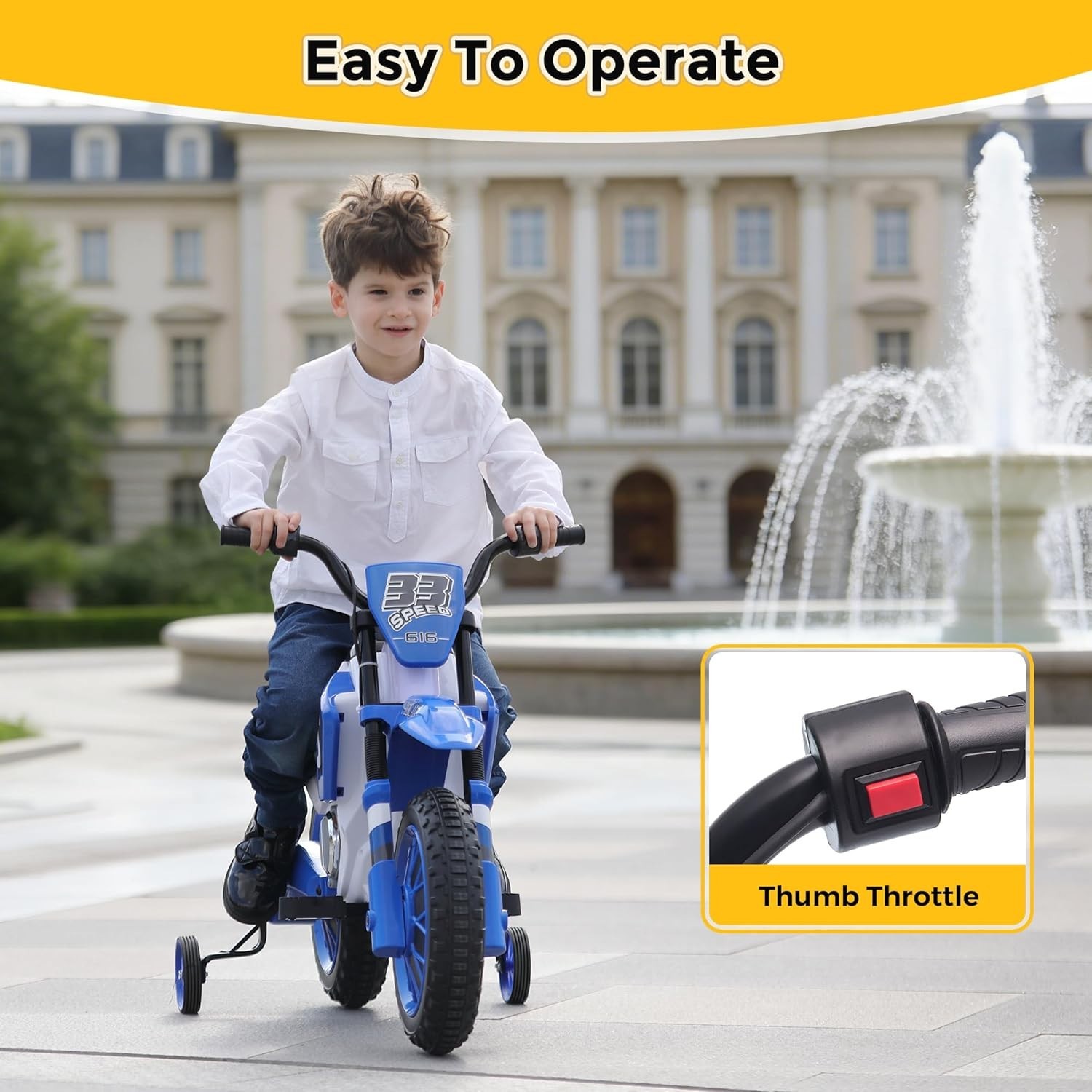 TOBB Electric 12V Blue Kids Ride On Motorcycle Bike Motorbike w/ Training Wheels