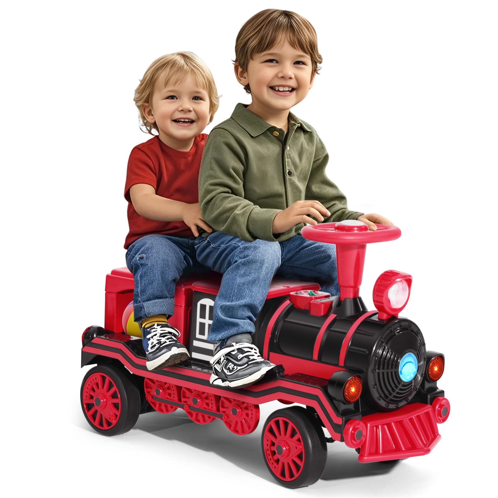 Blue/Red 12V Kids Ride On Train 2-Seater Electric Car w/Music,Light,Honk,Storage