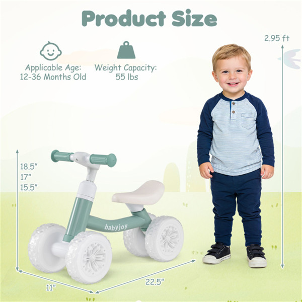 Green Kids 4-Wheel Balance Bike Colorful Light Up Wheels Adjustable Height