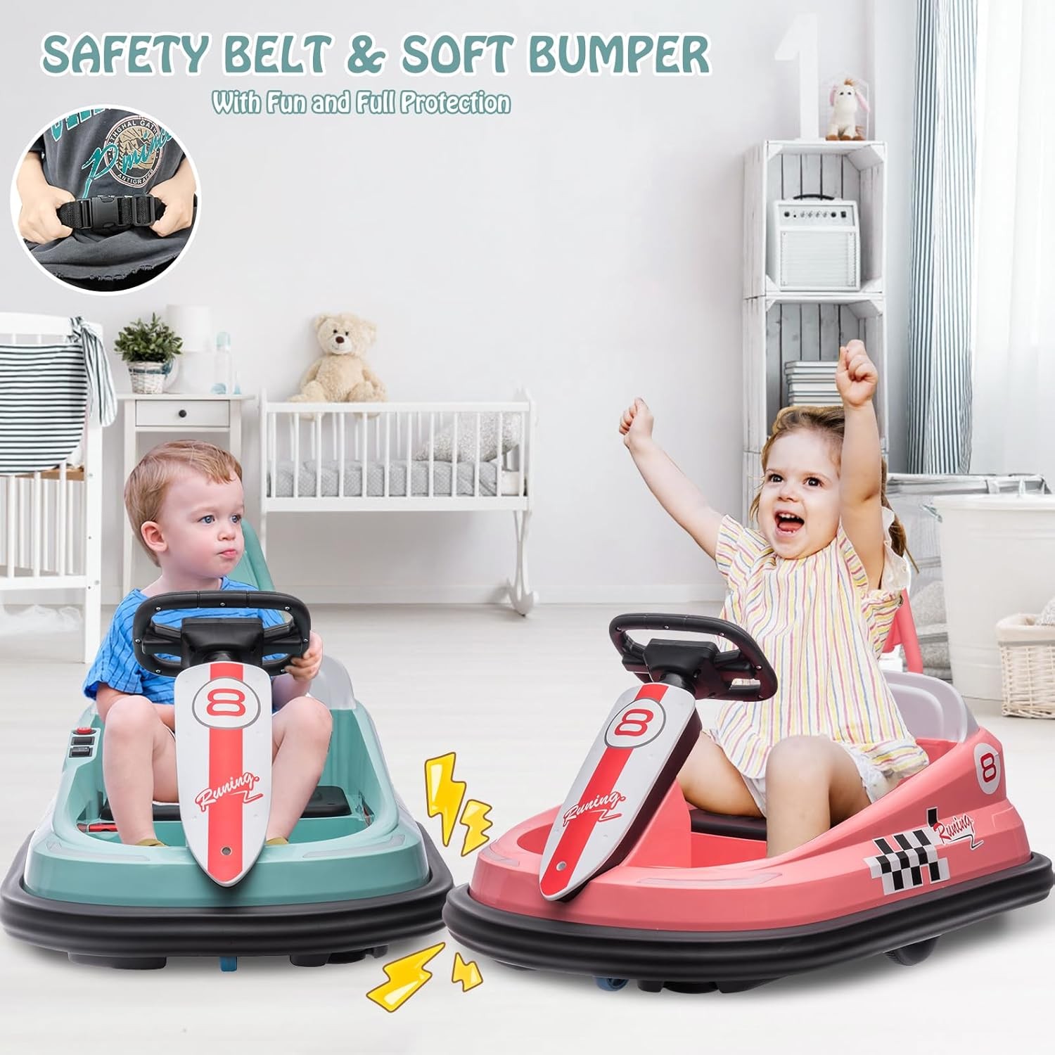 Kids Electric Bumper Car 6V, 1.9mph, Music/Horn, Seat Belt, Anti-Flat Tires
