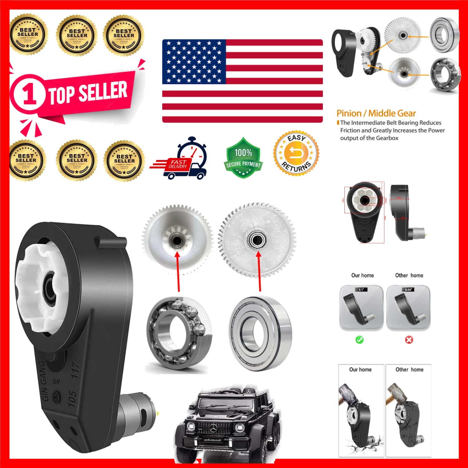 12V 550 High-Speed Motor Gearbox 40000 RPM for Kids Ride-On Toy Upgrade
