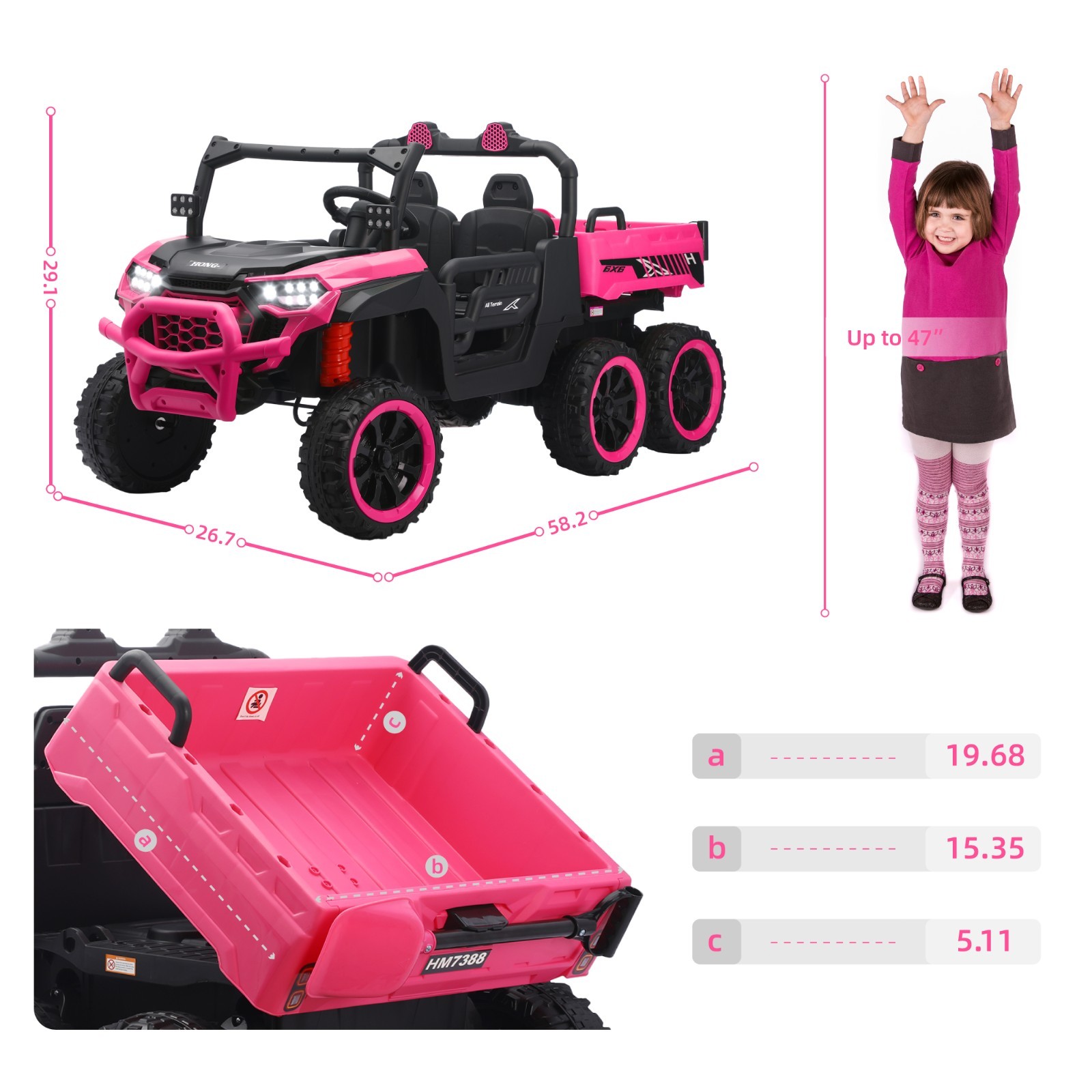 Pink 24V Ride on Electric Dump-bed Truck Off-road 7mph 2 Seater Car with Remote