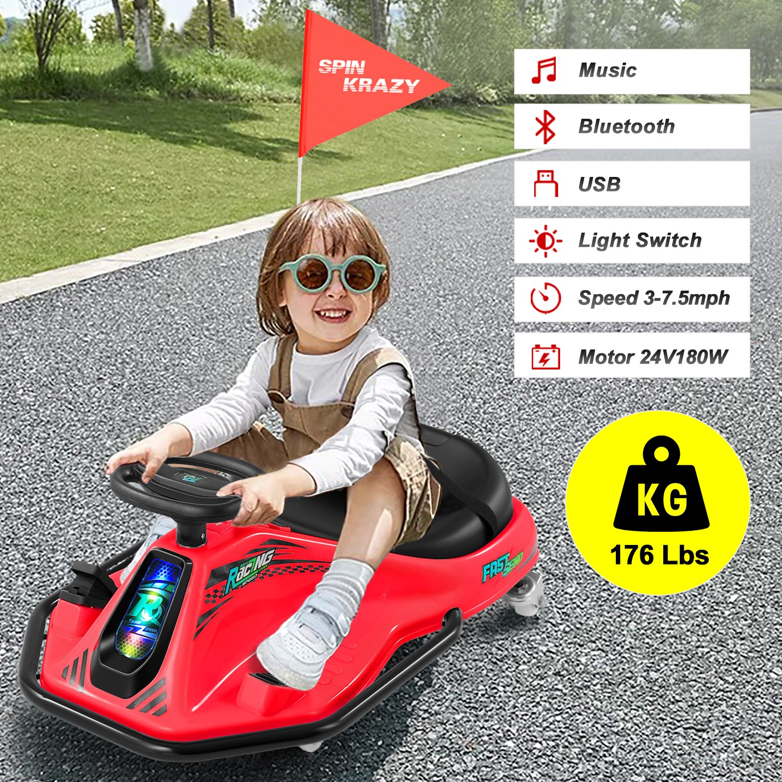 Red 24V Powered Kids Electric Drift Go Kart Ride On Car with Music,USB,Bluetooth