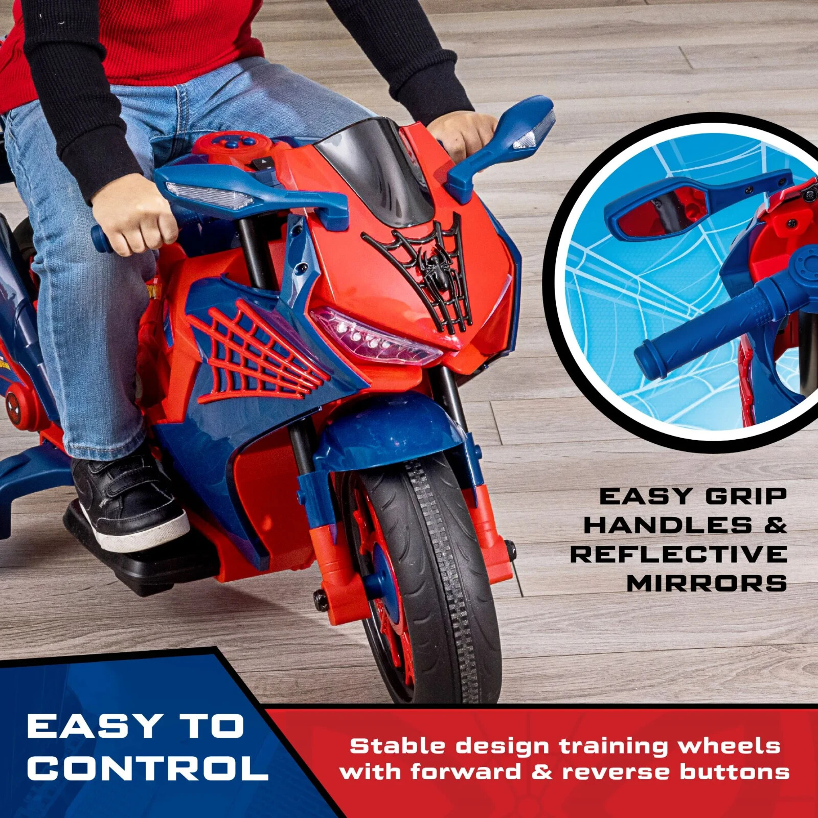 Spiderman Motorcycle Ride On for Kids 6v Lights Sounds Training Wheels Toy Play
