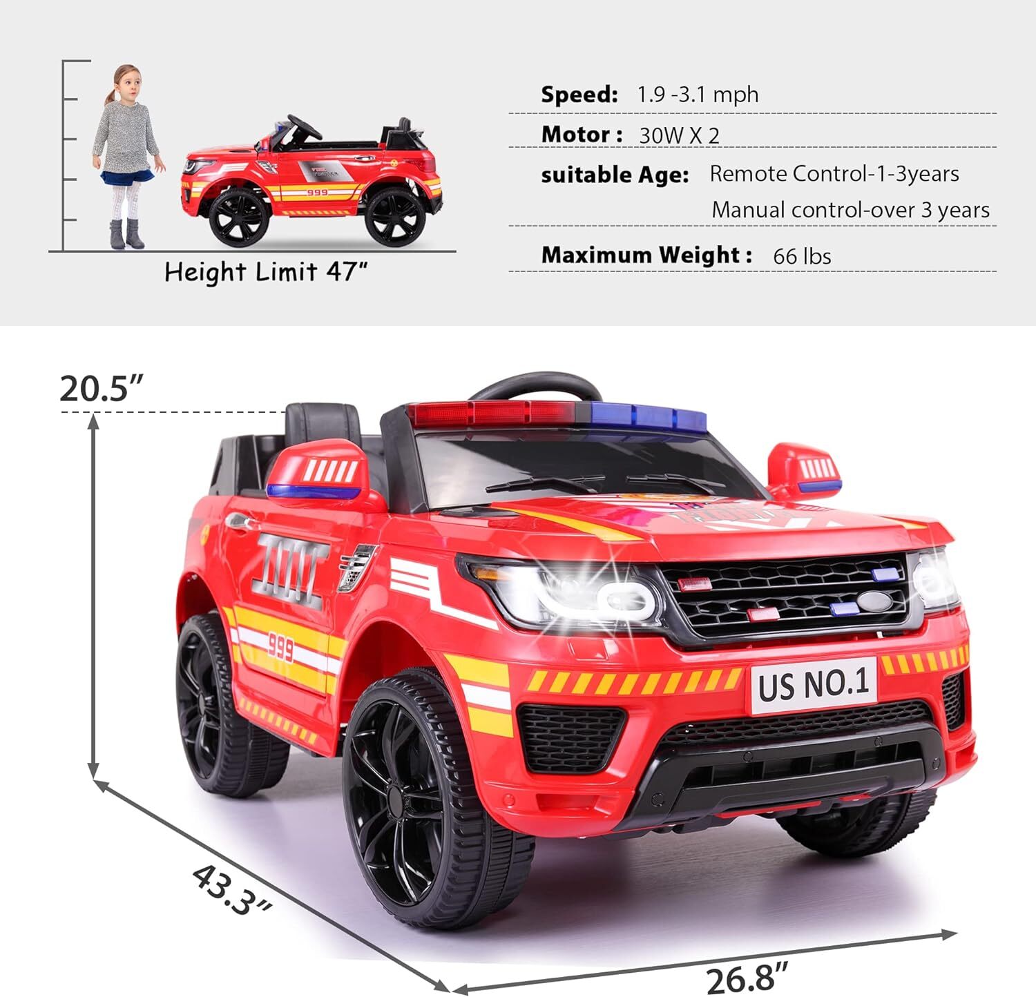 TOBBI 12V Fire Truck Ride on Battery Powered Electric Kids Car w/Remote Control