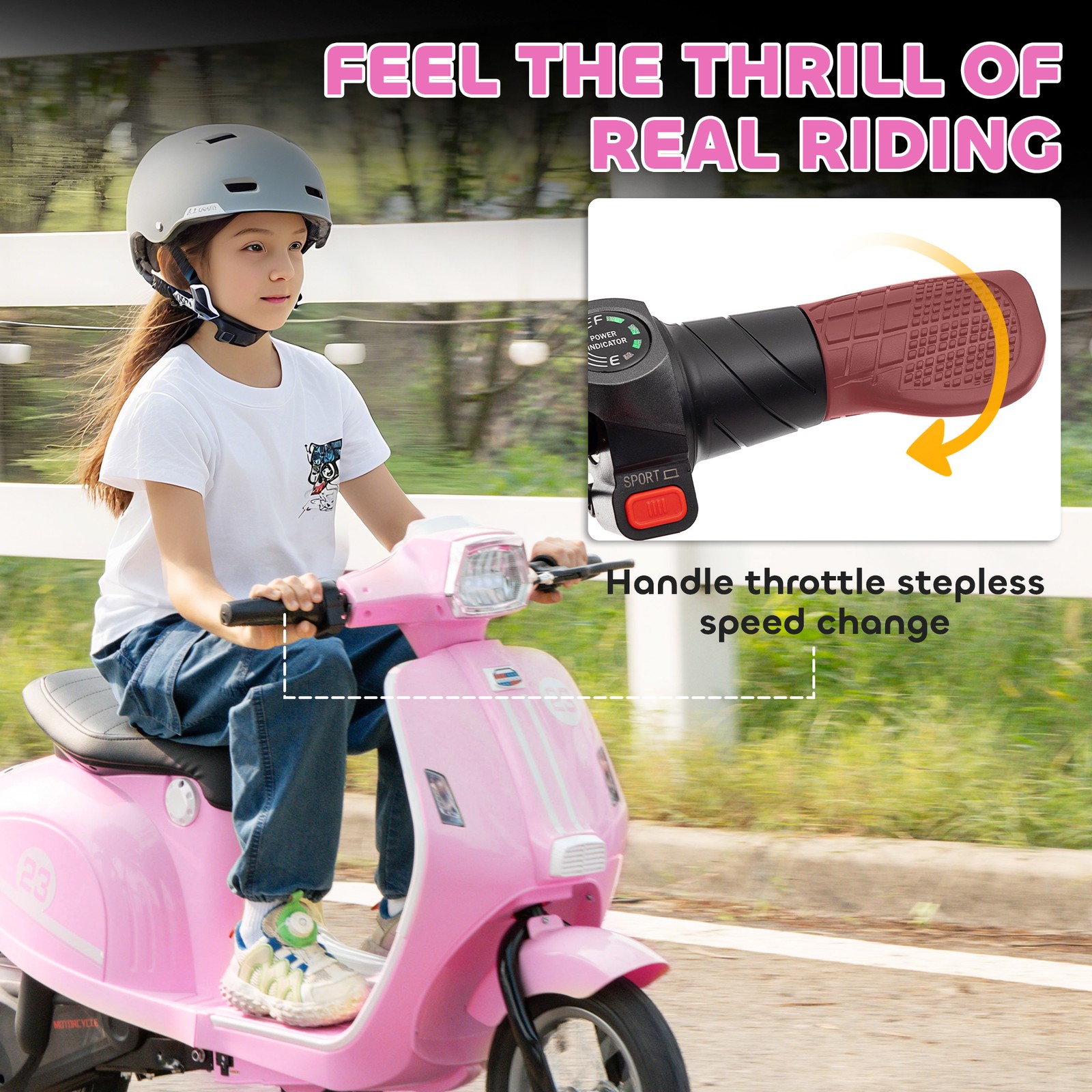 24V Kids Electric Motorcycle with 3-Speed Rear Suspension, Lights for 8-12 Years