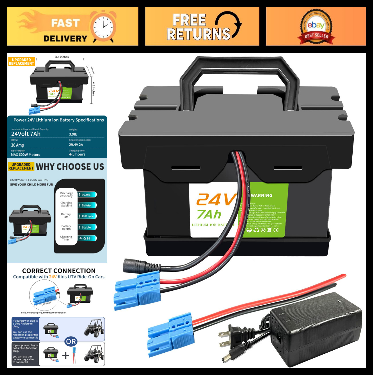 24V Lithium Battery 7Ah/12Ah for Ride-On Cars & Power Wheels, Lightweight, Long-