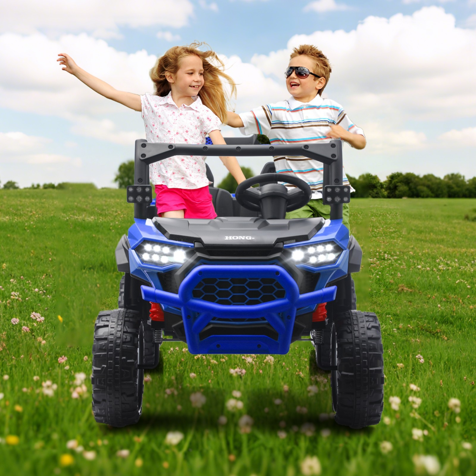 Blue 24V Ride on Electric Dump-bed Truck Off-road 7mph 2 Seater Car with Remote