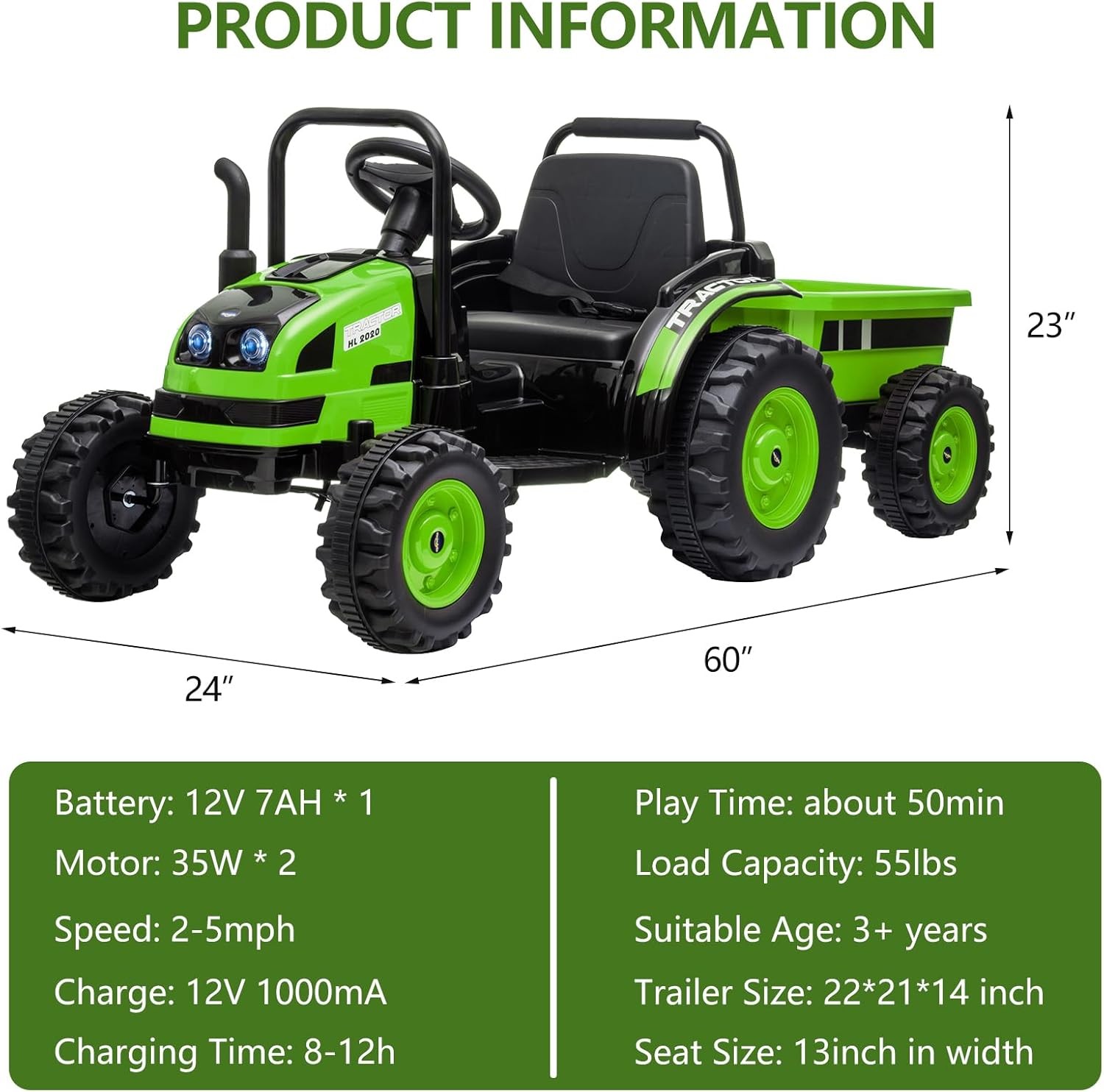 Upgraded Kids Electric Tractor W/ Dump Trailer &Remote, 35W Dual Motor, Ages 3-8