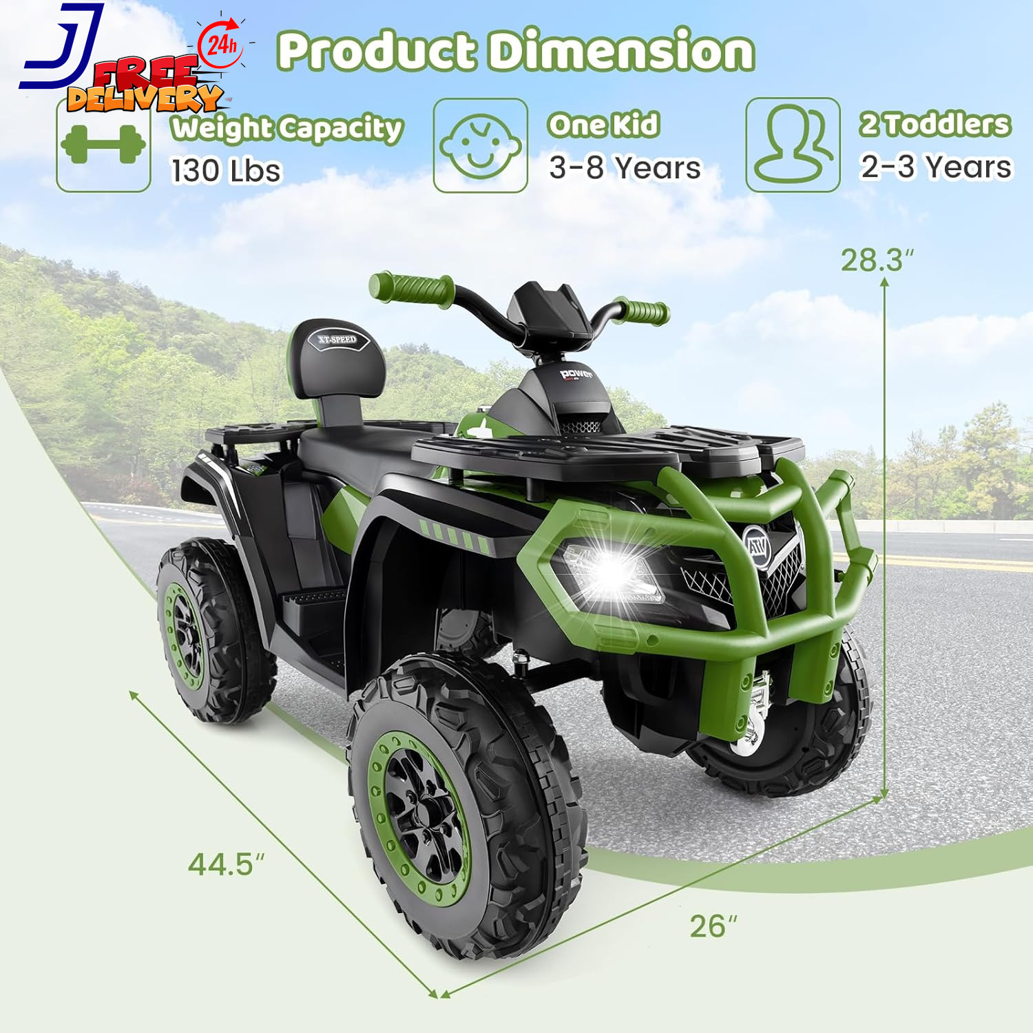24V 2 Seater Ride on ATV, 4WD Motor, 5Mph Max Speed, Bluetooth, 4 Wheeler Off-Ro