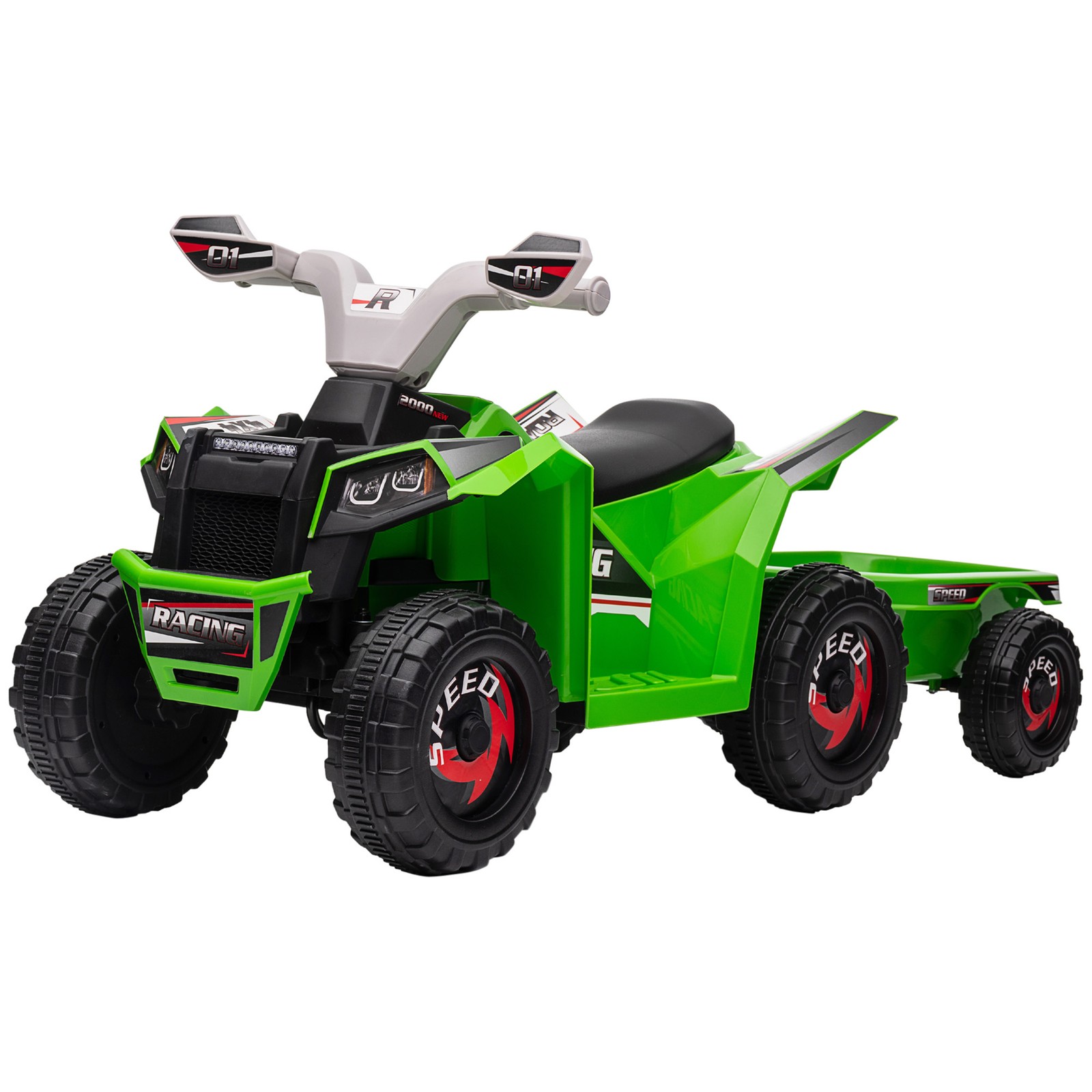 6V Kids ATV Quad Car with Back Trailer, Forward Backward Green