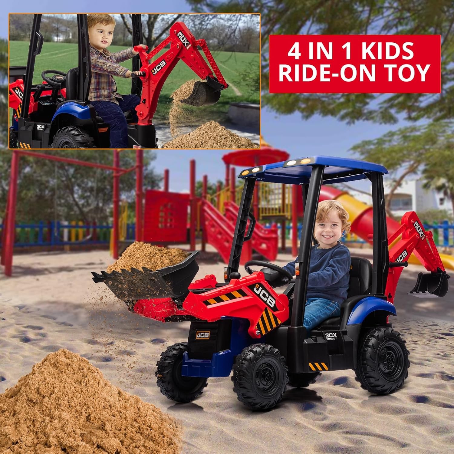 4 in1 Ride On JCB Excavator Toy 12V Kids Excavator with Remote Control 2-4KM/H