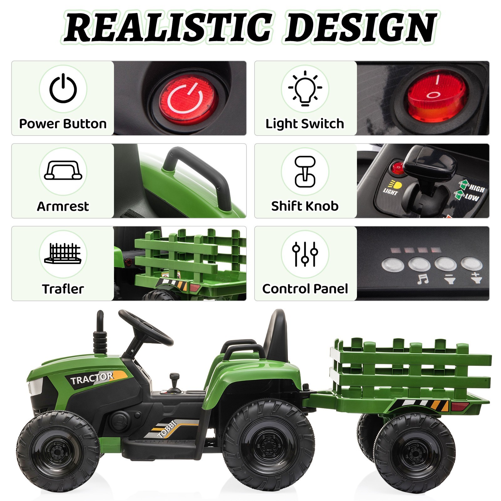 TOBBI 12V Kids Ride on Tractor Electric Vehicle W/ One Detachable Trailer,Lights