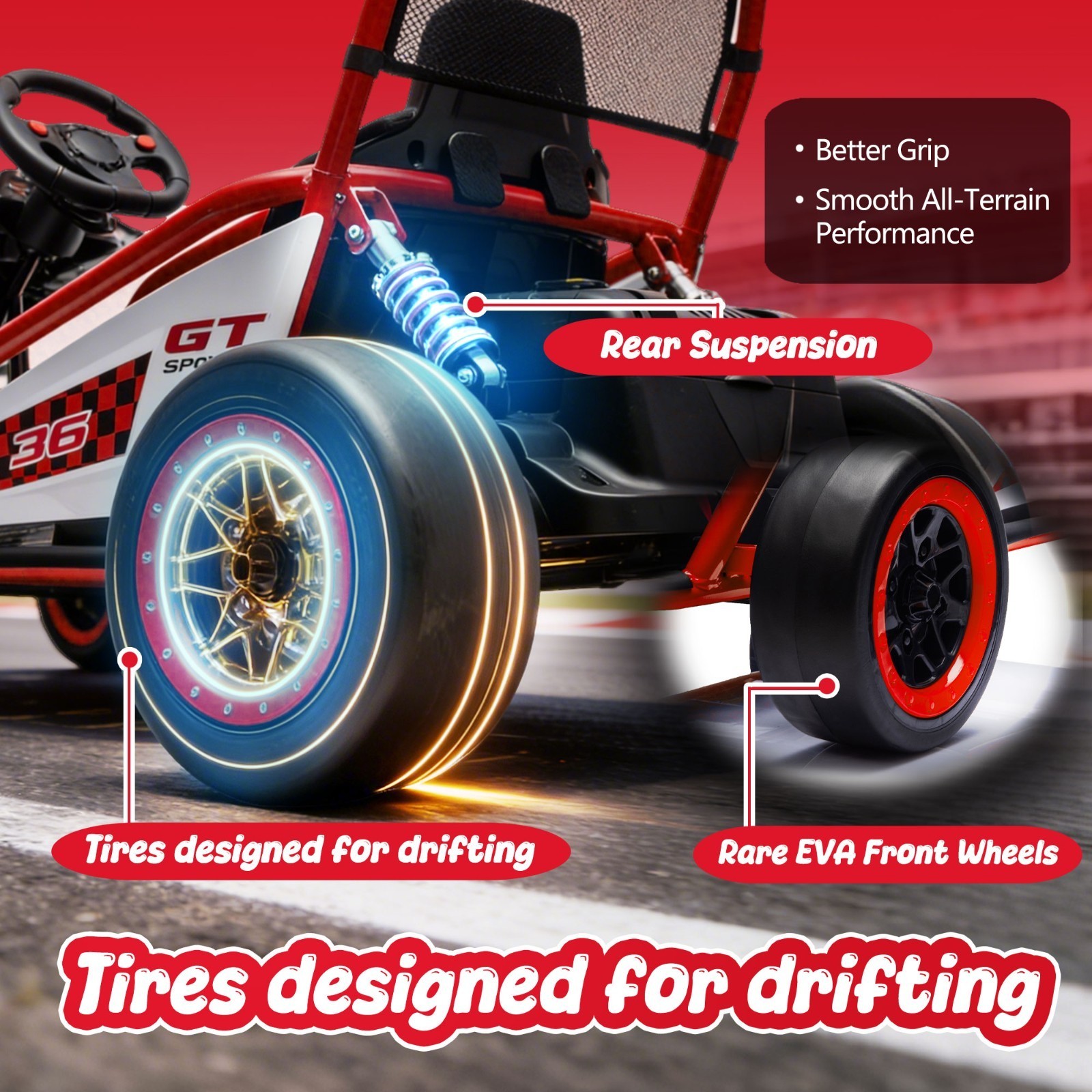 24V 400W Kids Go Kart Electric Drift Car 5-7.5MPH with Music 5-Point Safety Belt