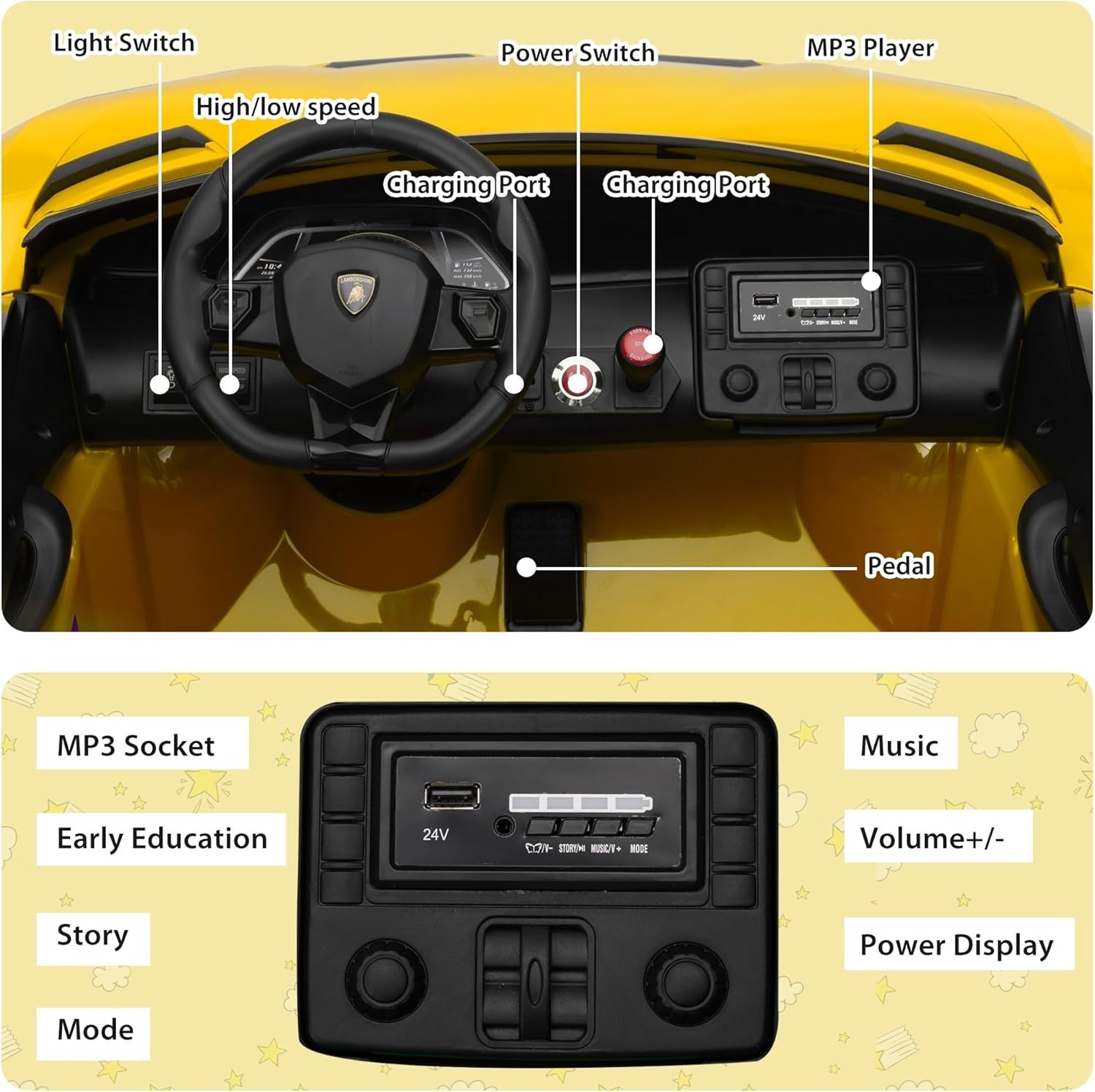TOBBI 24V Ride on Car 2-Seater PU Leather Lamborghini Drift Sports Car for Kids