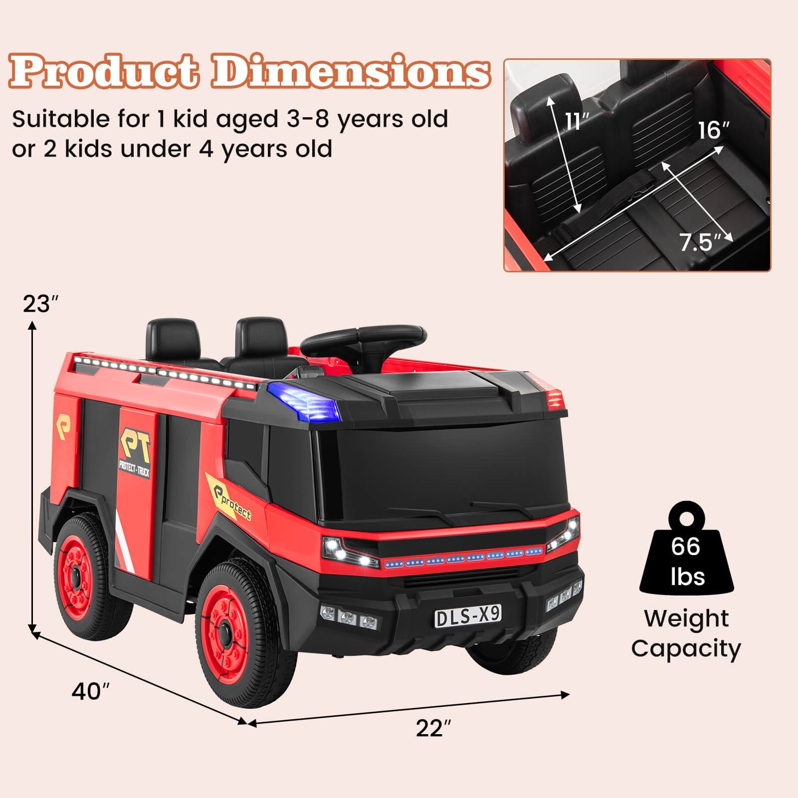 2-Seater Kids Ride on Fire Truck w/Remote Control Water Gun Extinguisher Shovel