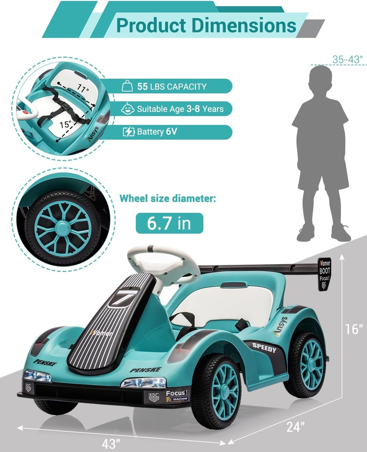 6v Electric Racer Go Kart for Kids 2.4g Remote Control 3 to 7 years