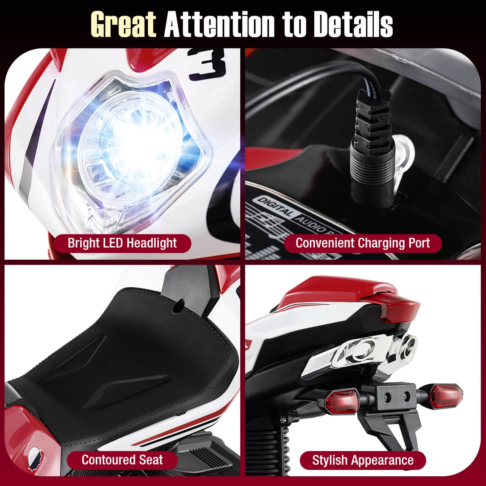Kids Ride on Motorcycle 6V Battery Powered Mini Electric Motorbike w/ LED Lights