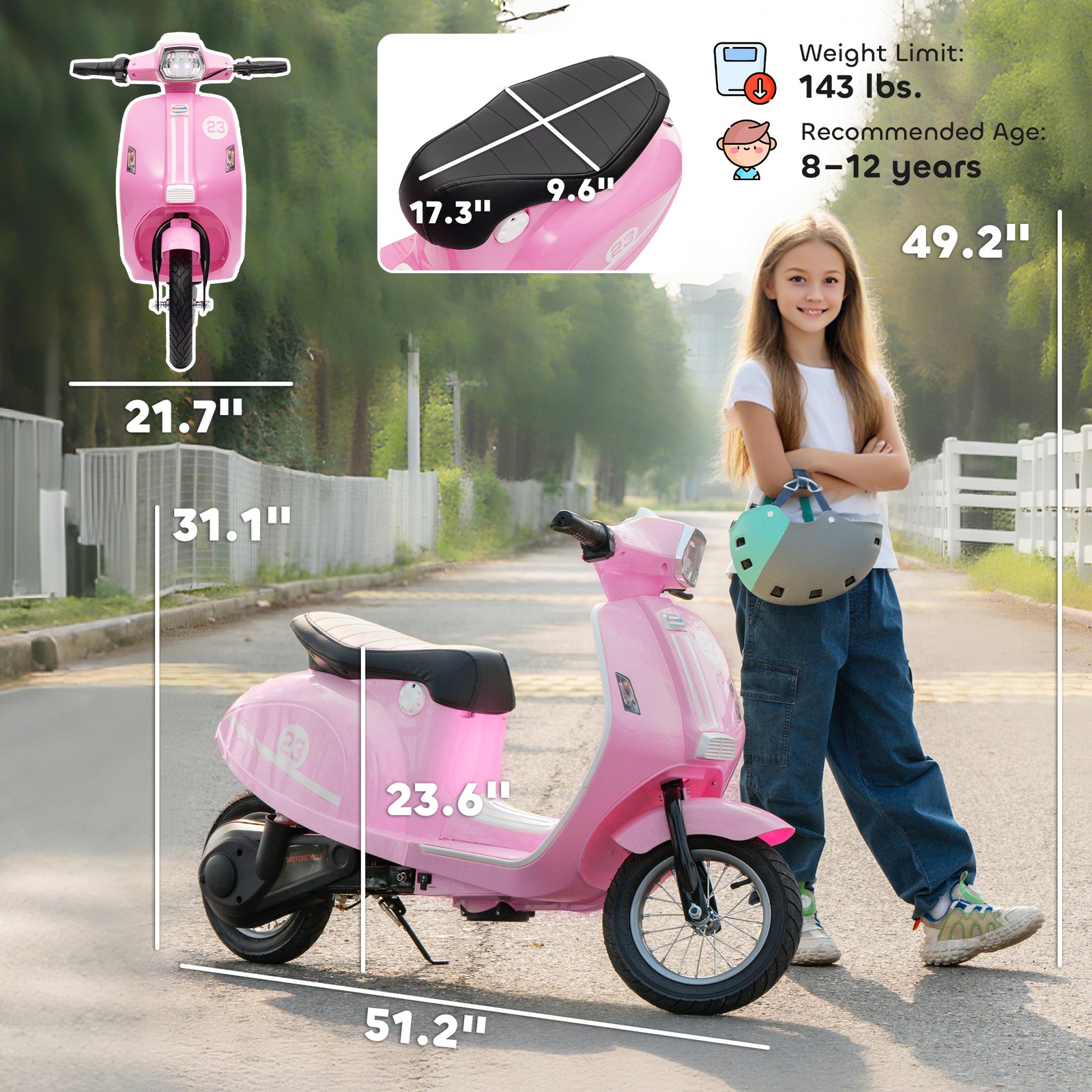 Qaba 24V Kids Motorcycle with Rear Suspension, Lights for 8-12 Years, Pink