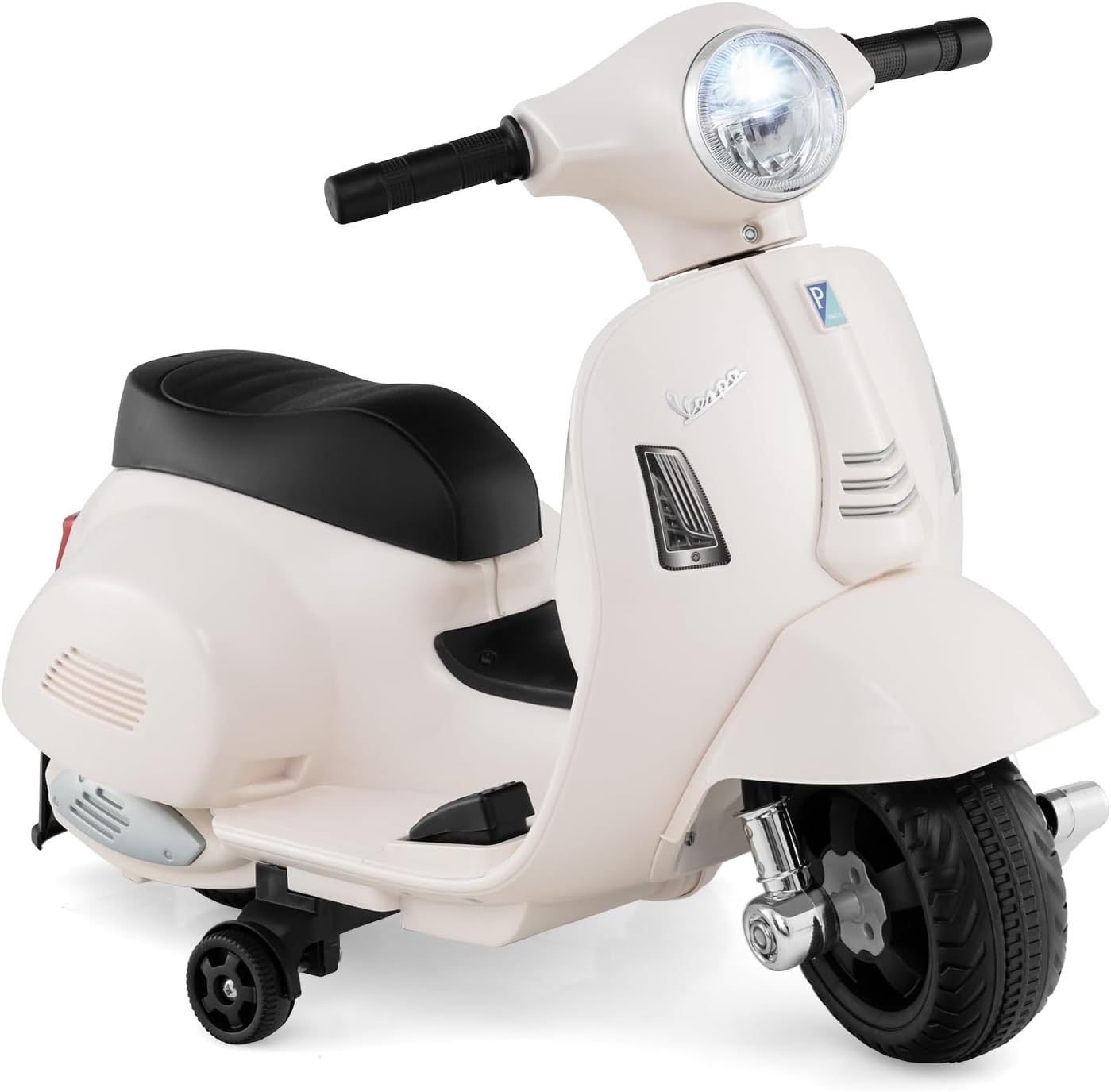 Kids’ Electric Vespa Motorcycle with Training Wheels and Realistic Design.