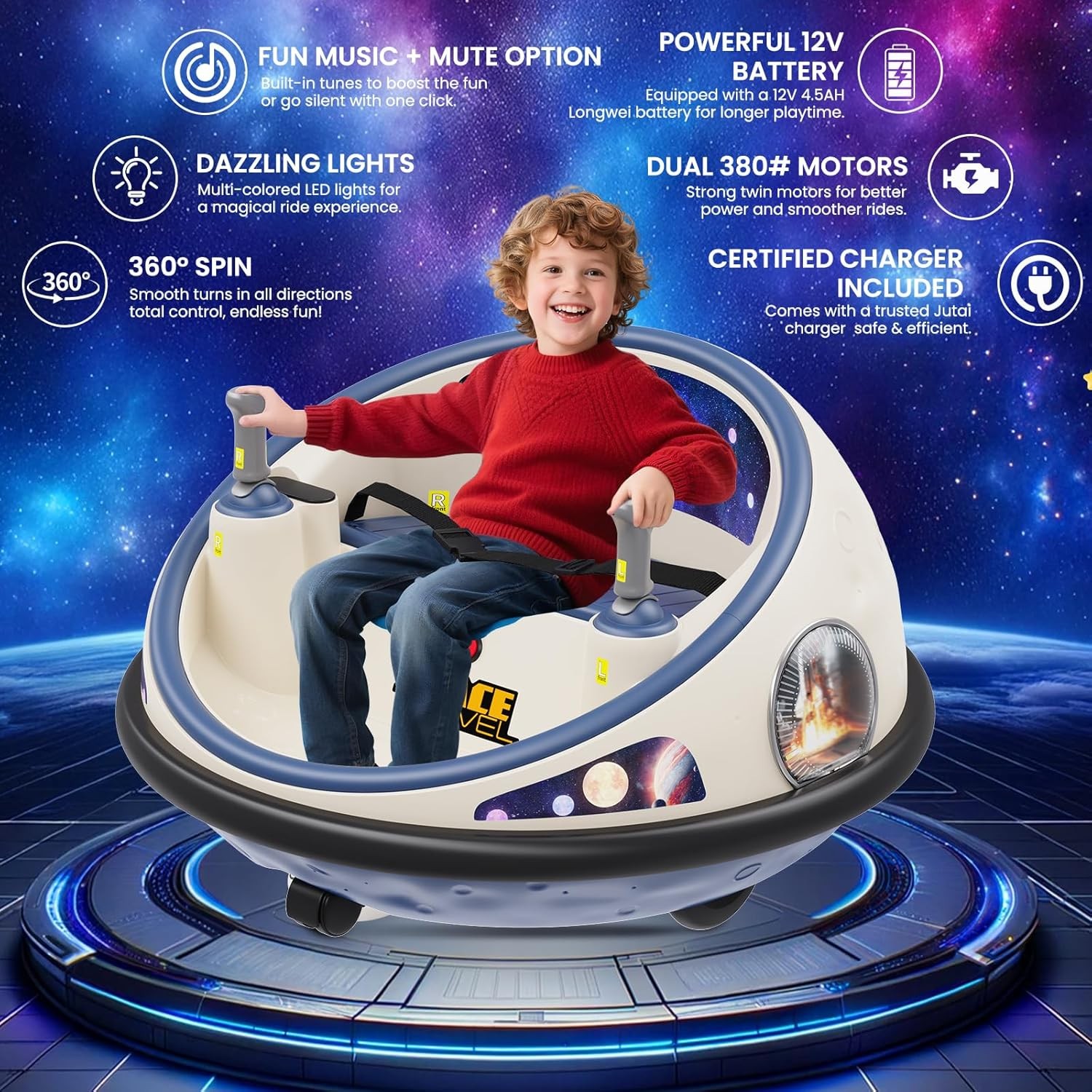 12V Electric Toddler Ride On Bumper Car Toy 360 Spin Remote Control LED Lights