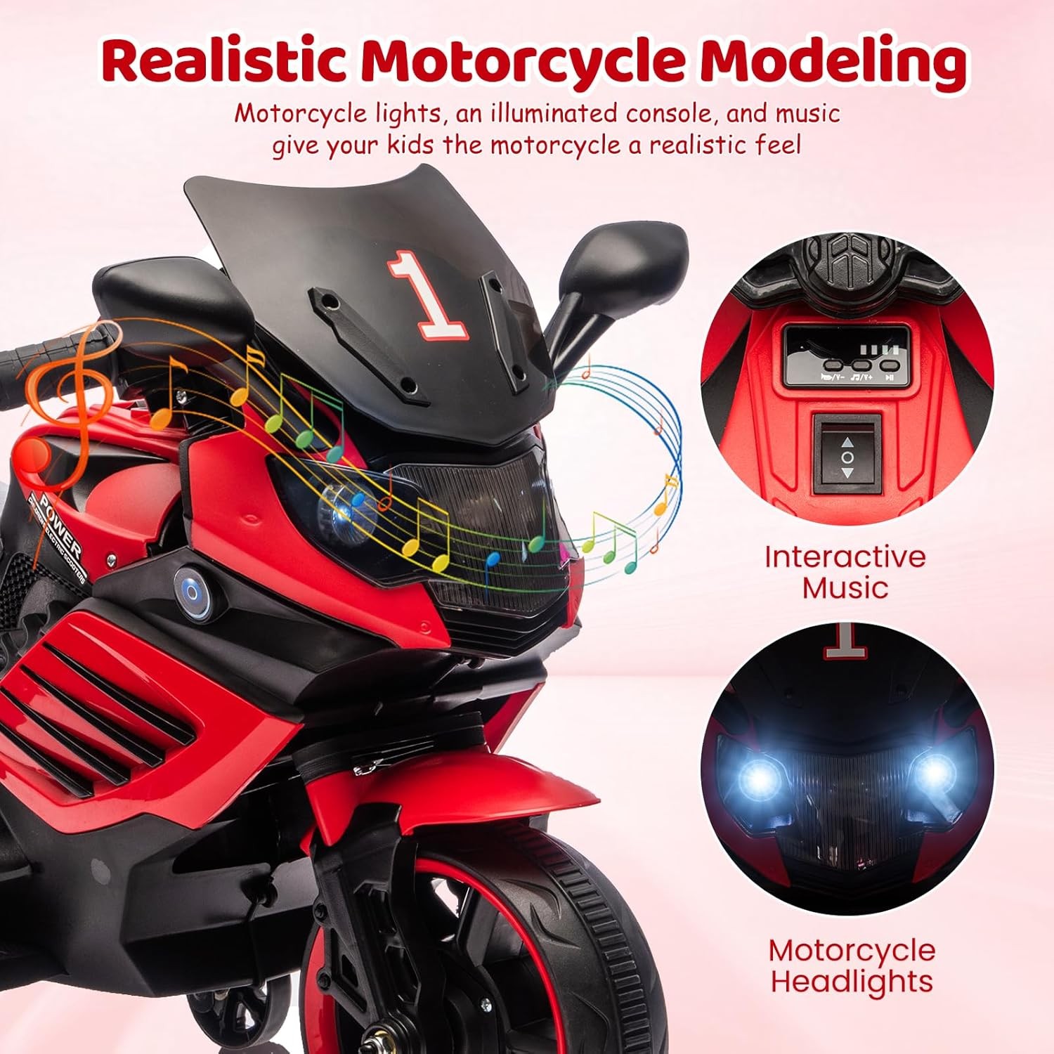 Kids 6V Ride On Motorcycle Battery Powered Ride On Toys w/Treaded Tires Music