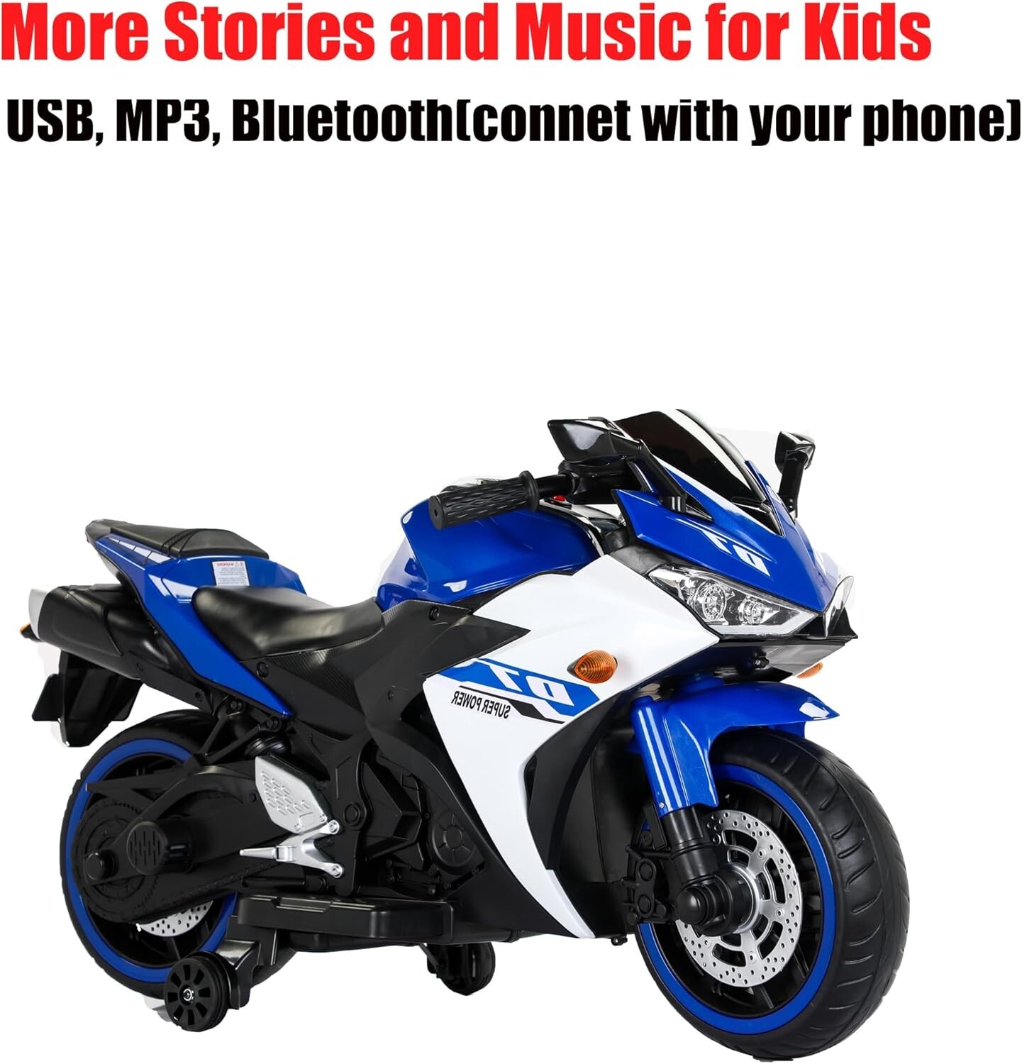Kids Electric Motorcycle with Wheels for 3-8 Years Boys Girls,Blue White