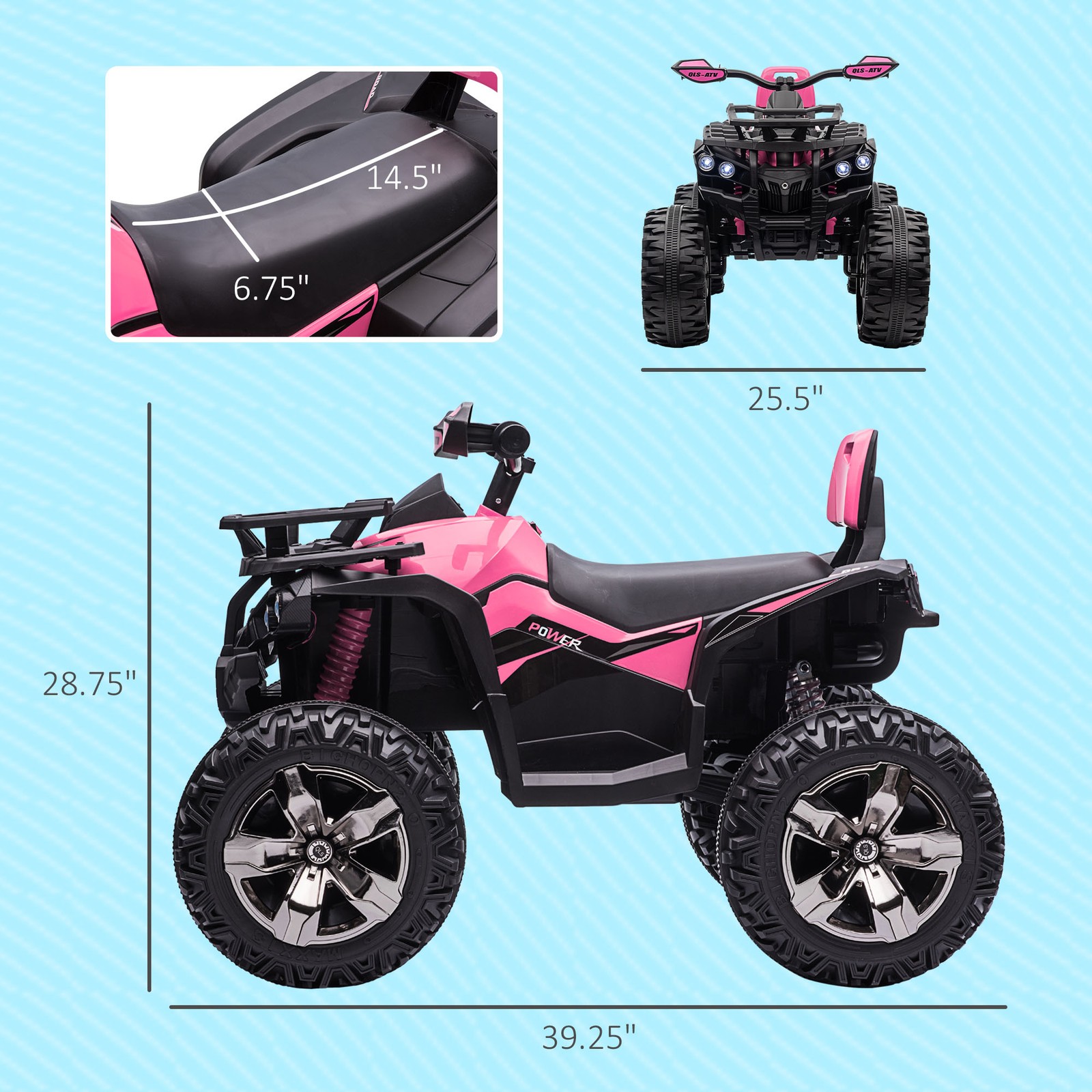 12V Kids ATV Quad Car Toy with Music & Headlights, Pink
