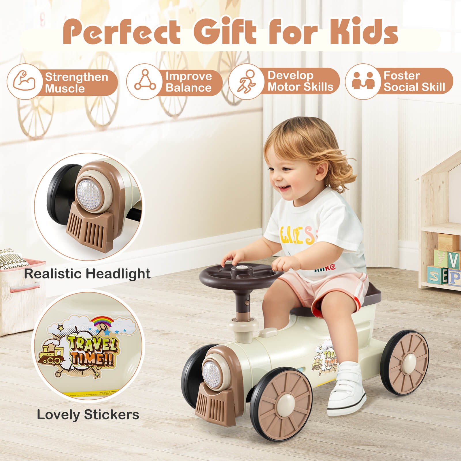 Ride on Push Car w/ Storage Compartment & Train Whistle Sound Button