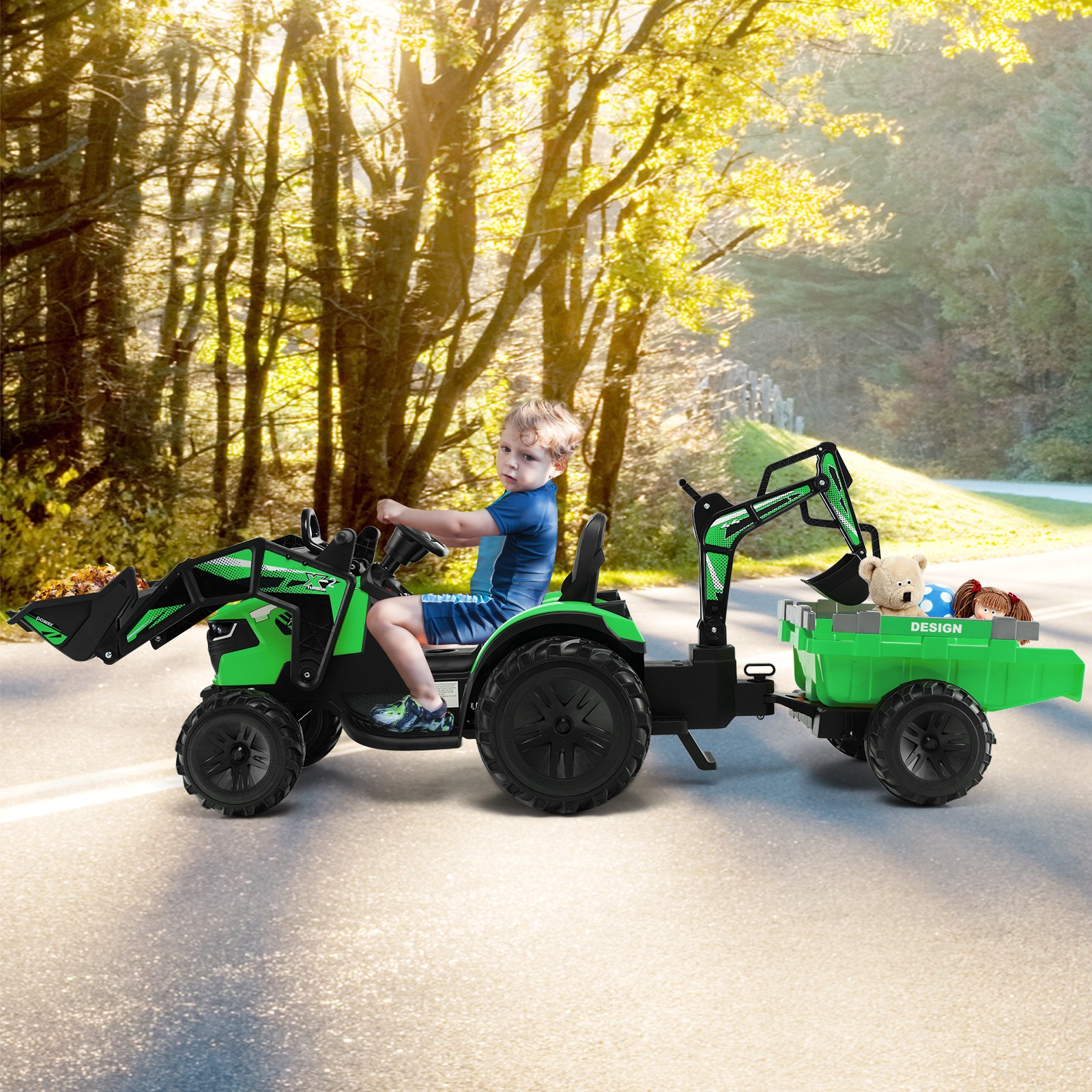 3-in-1 Kids Ride On Excavator Bulldozer 12V Electric Tractor Remote w/ Trailer