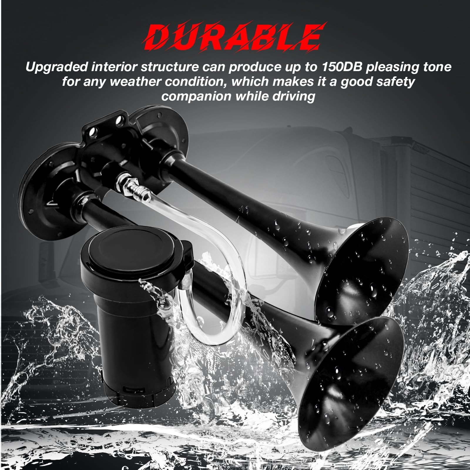 Black Dual 12V Air Horn Kit 150DB Train Horns 120 PSI Compressor Vehicles