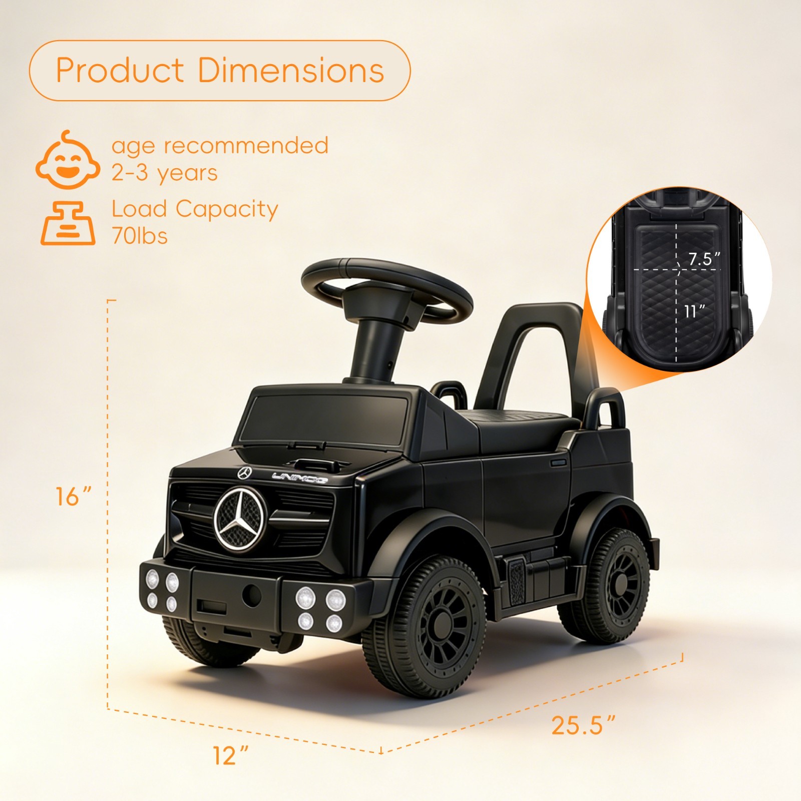 Kids Ride On Car Outdoor Stroller Mercedes Push Car Ride Racer for Age 1-3 Black